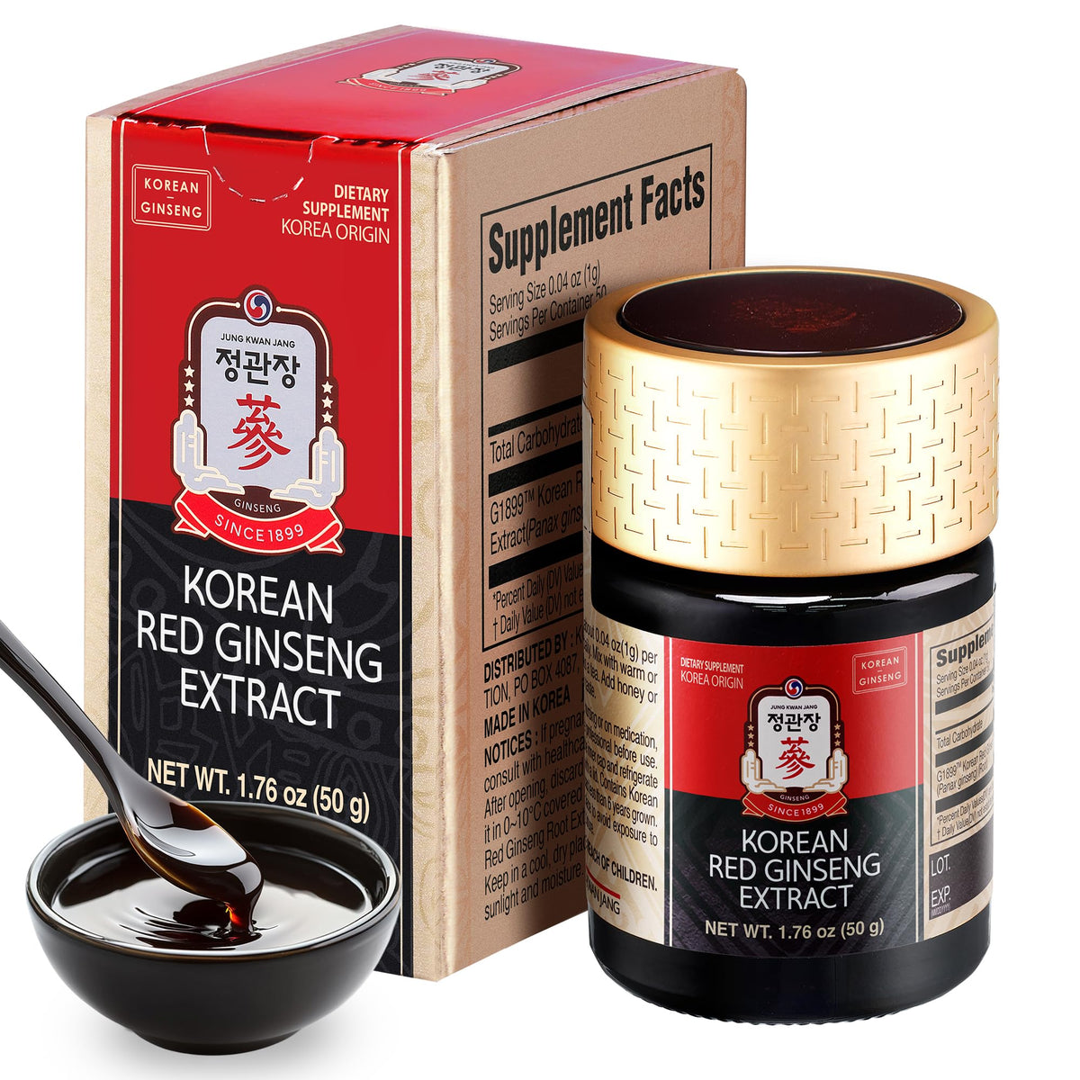 Jung Kwan Jang Ginseng Rojo Coreano, botella vertiendo, para una ingesta diaria suave y energizante.