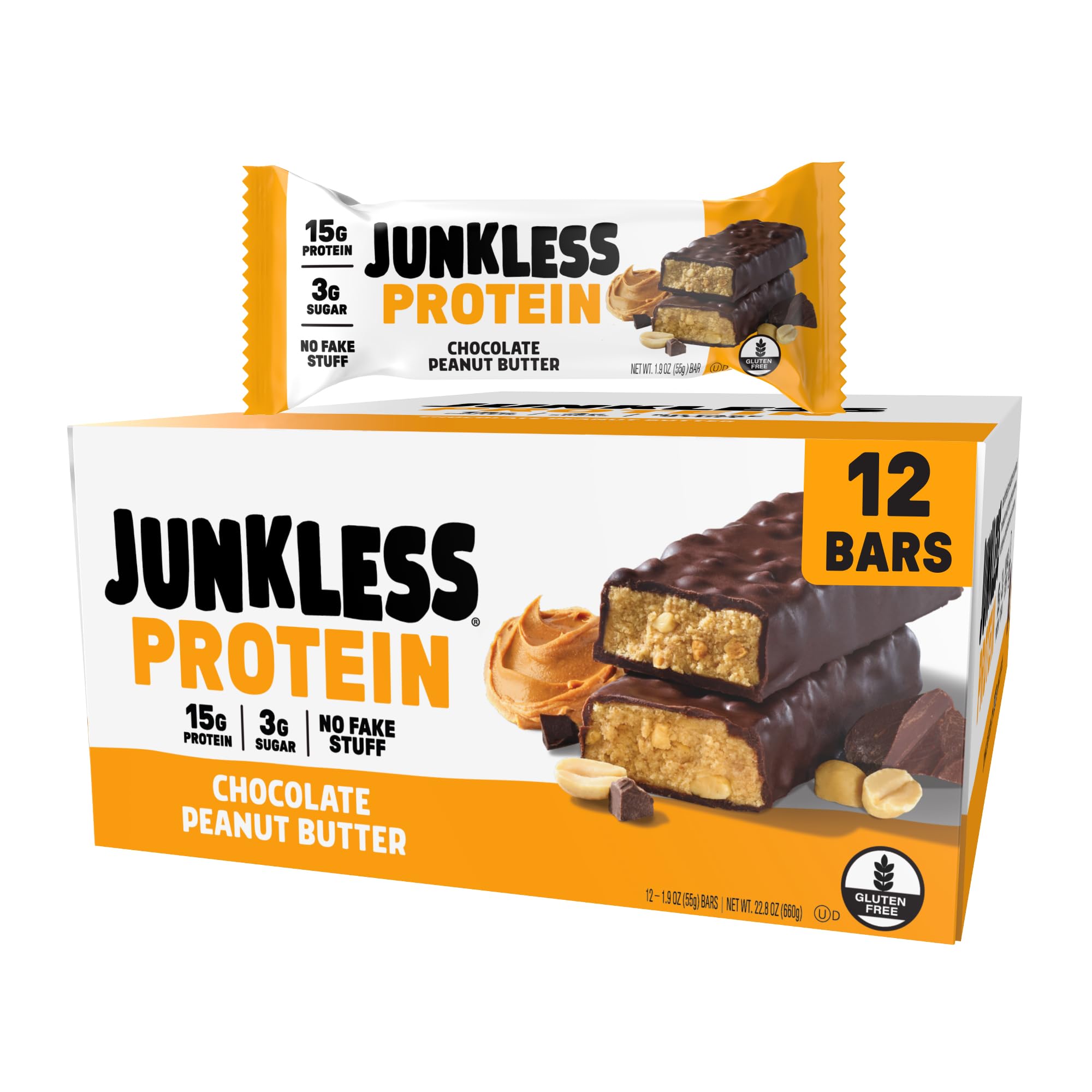 Junkless barra de proteína chocolate mantequilla cacahuete: snack delicioso con 15 g de proteína.