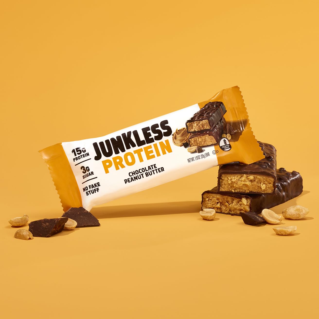Junkless barra de proteína sin gluten: snack apto para dietas sin gluten.