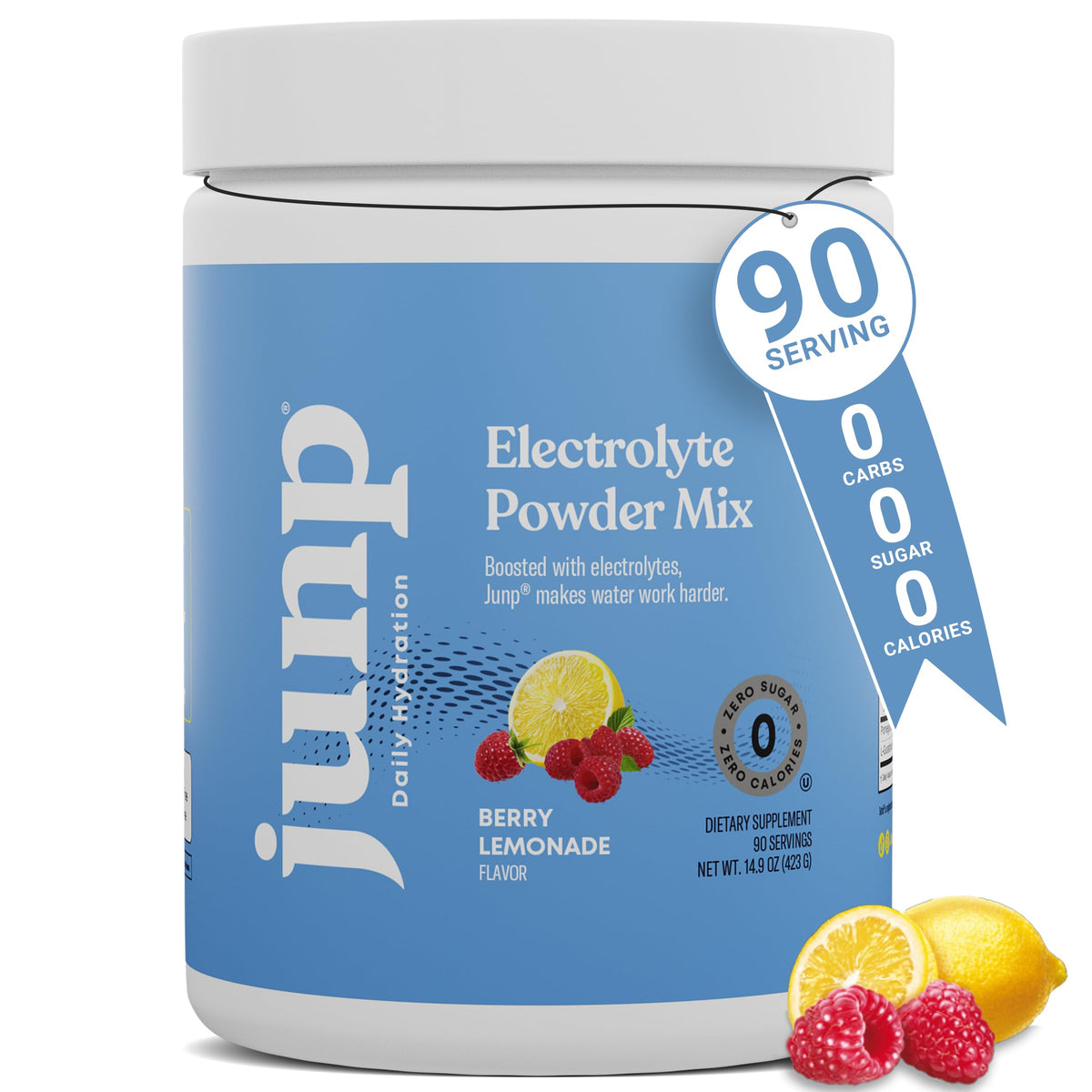JUNP electrolitos polvo sabor frambuesa limonada en envase para hidratación