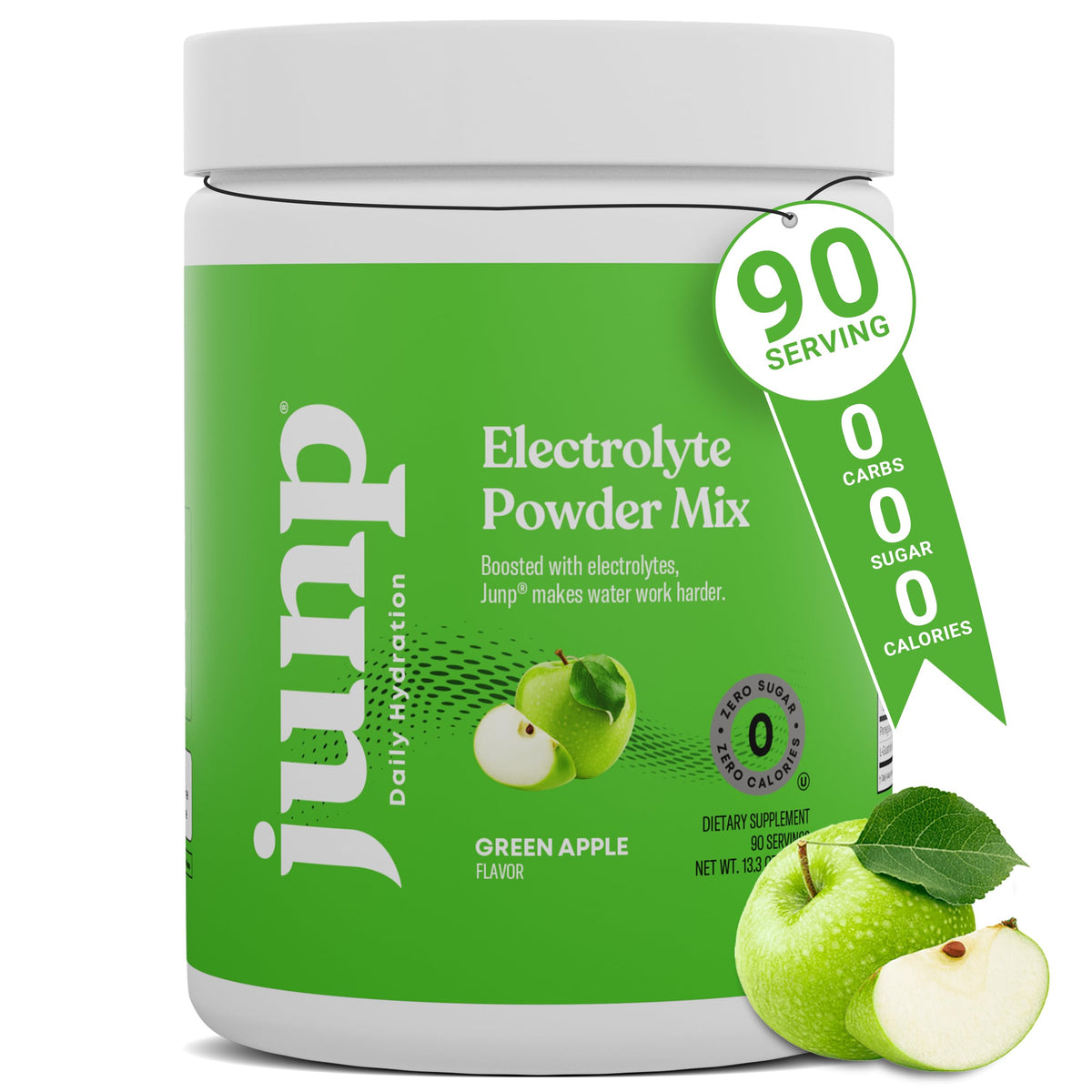 JUNP electrolitos polvo sin azúcar sabor manzana verde para hidratación refrescante durante el día.