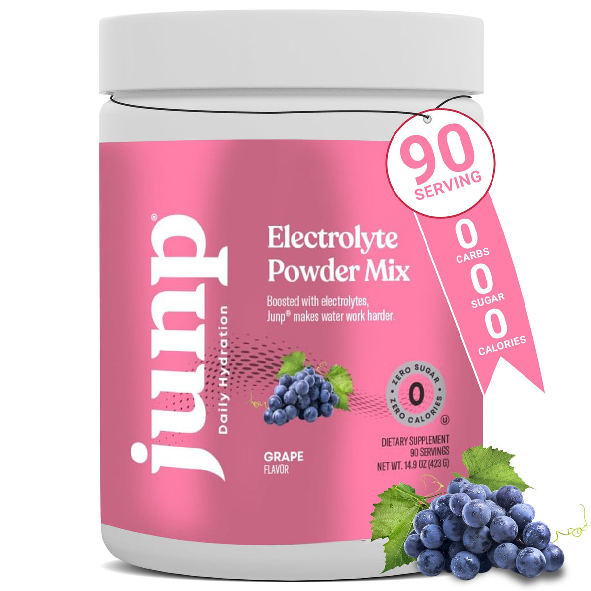 JUNP Polvo de electrolitos Uva en vaso para hidratación rápida y cero calorías.