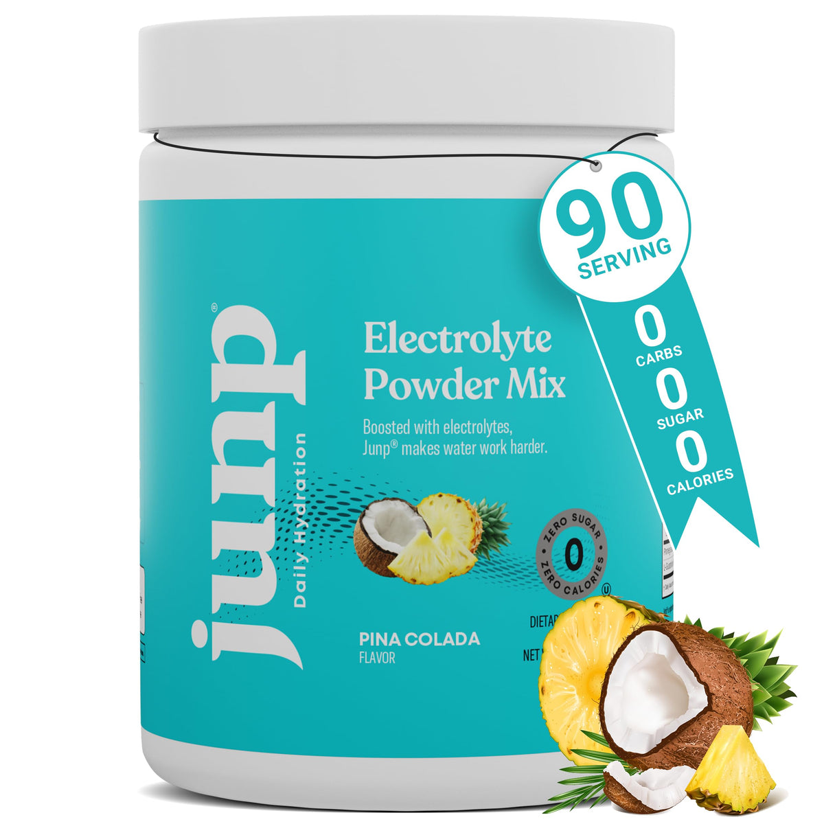 Polvo de electrolitos JUNP con sabor Piña Colada, hidrata sin azúcar.
