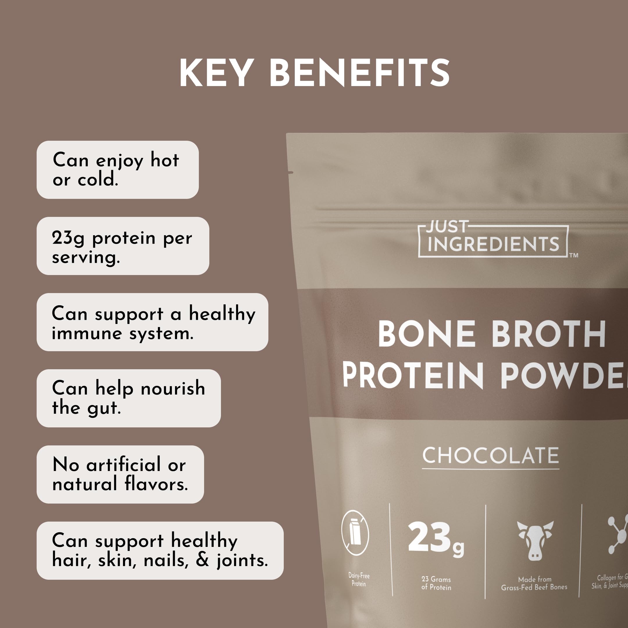Just Ingredients batido cremoso con proteína de caldo de huesos chocolate, fácil de mezclar