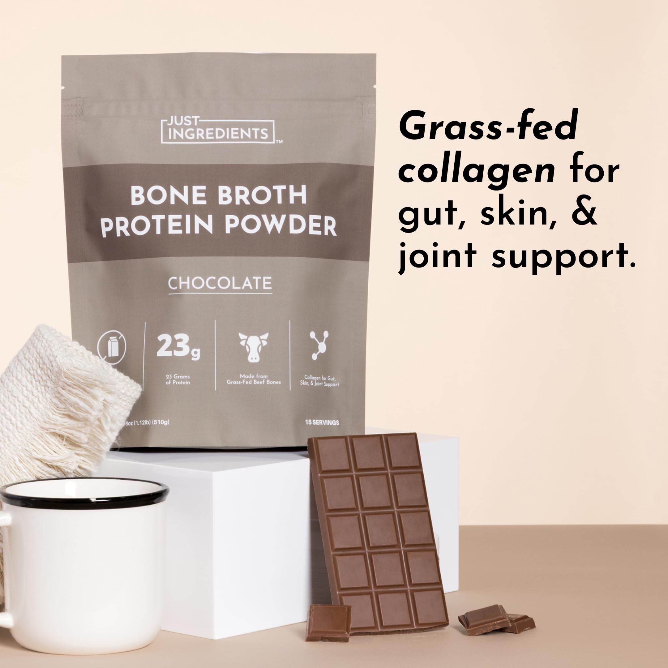 Just Ingredients chocolate con cacao natural, proteína de caldo de huesos para energía diaria