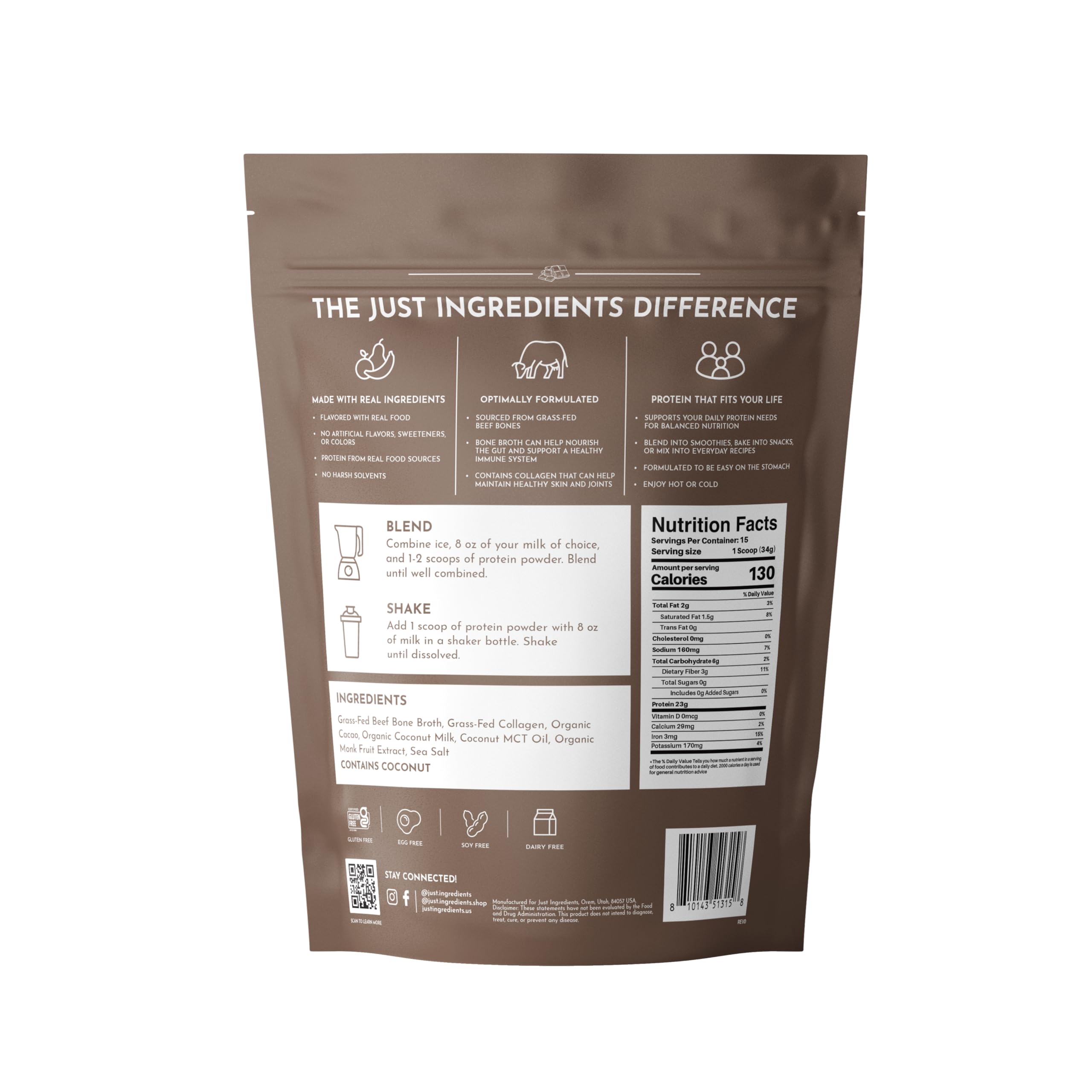 Just Ingredients proteína de caldo de huesos chocolate en taza, lista para batido cremoso
