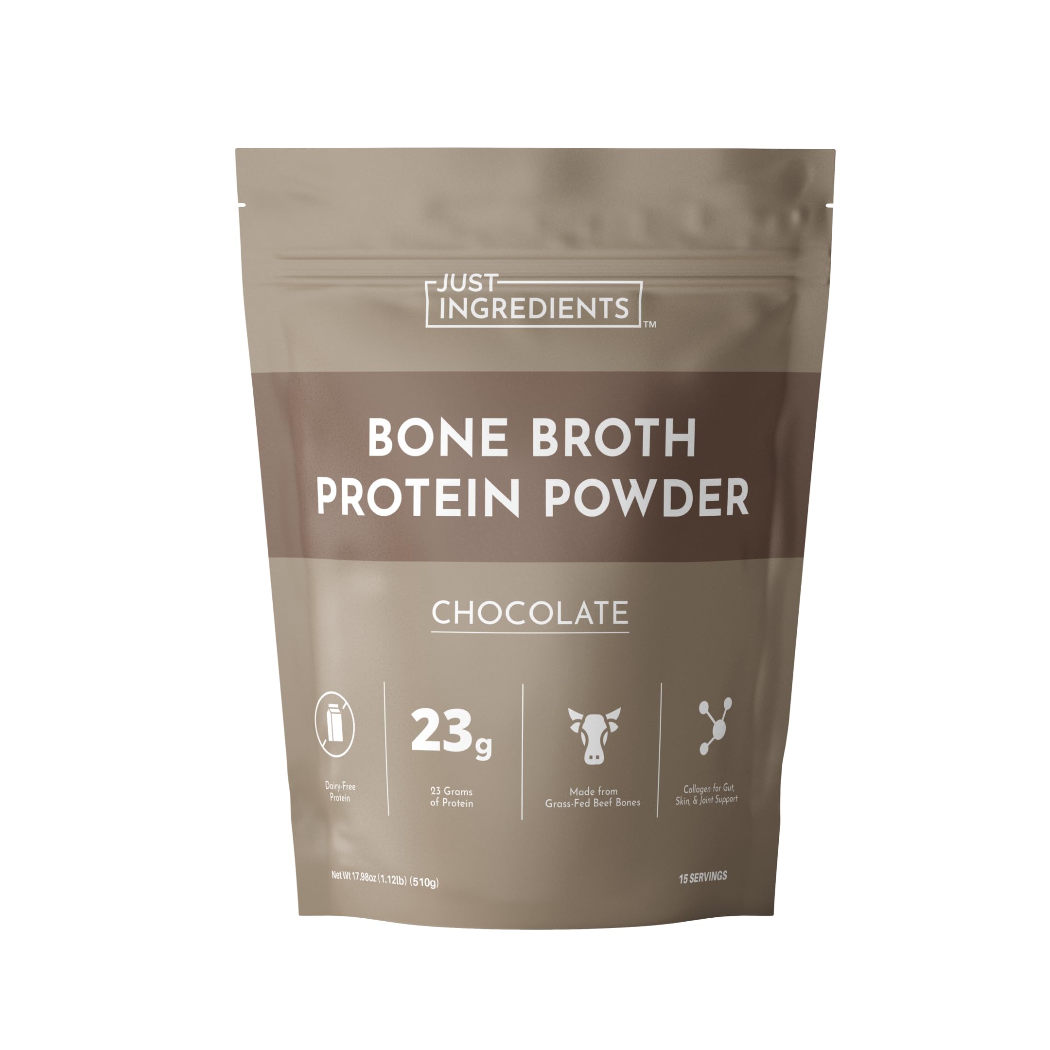 Just Ingredients proteína de caldo de huesos chocolate en vaso, fuente de proteína para recuperación muscular