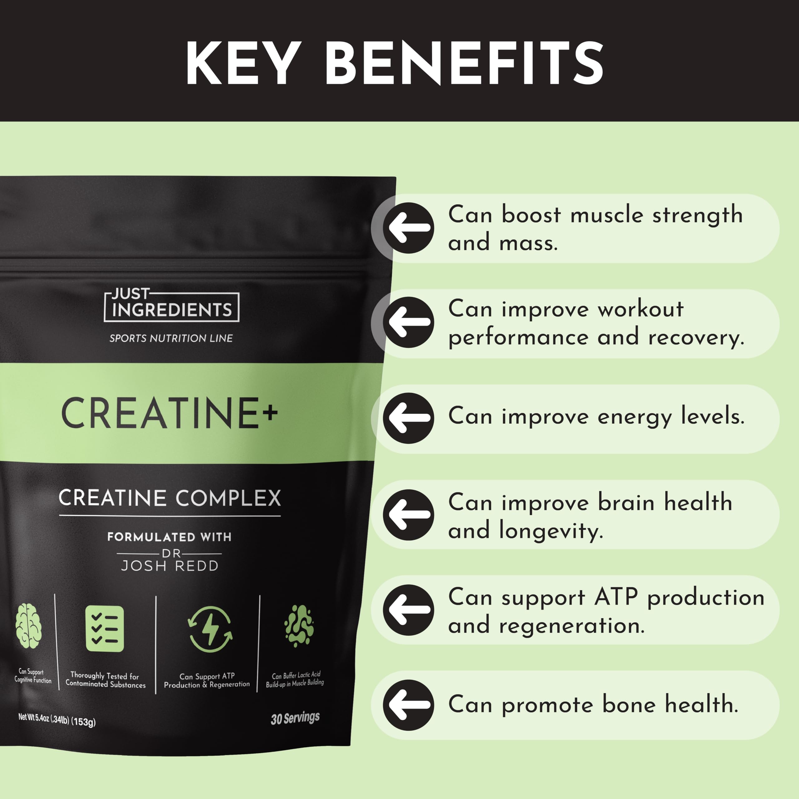 JUST INGREDIENTS Creatina Monohidratada uso diario para mantener energía y rendimiento.