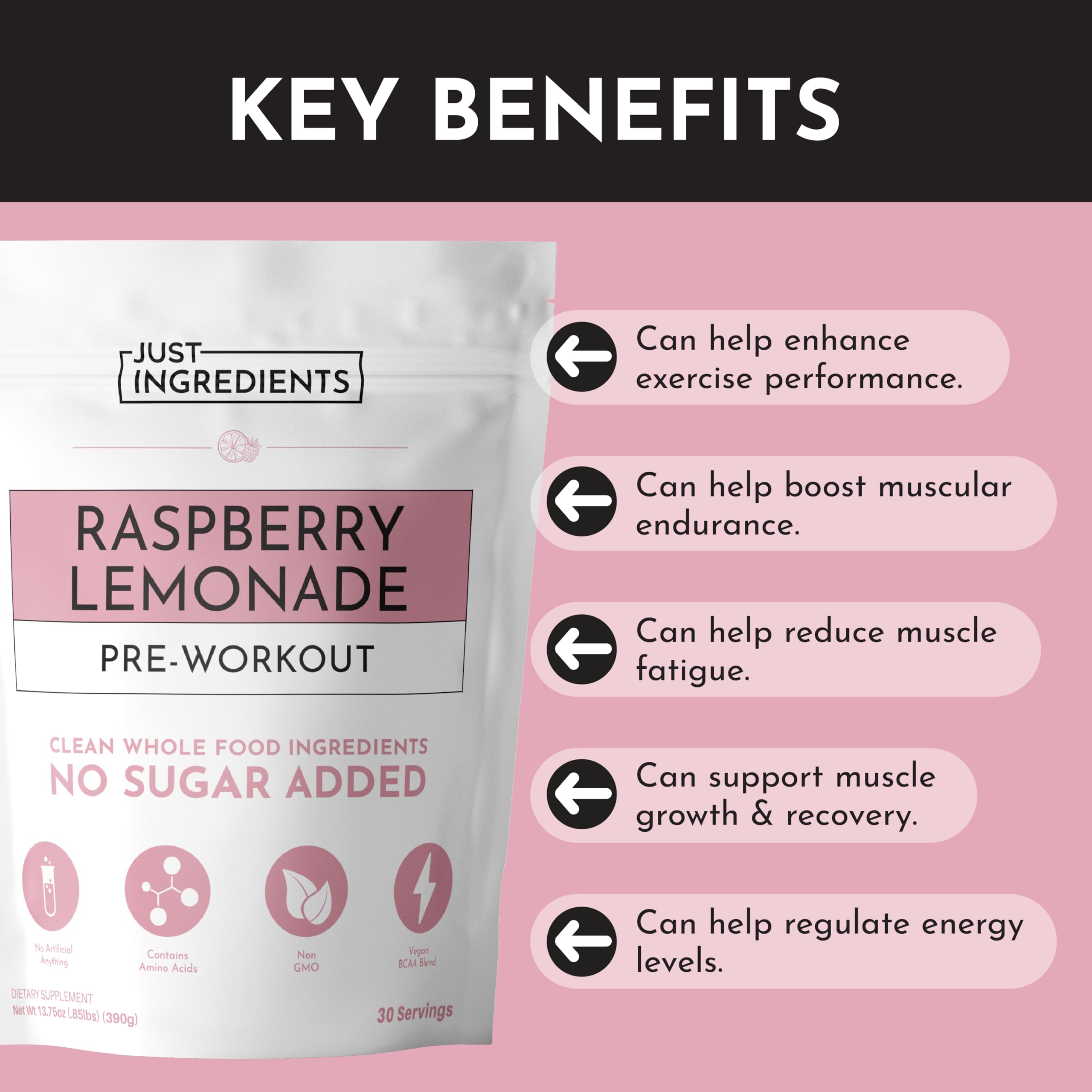 JUST INGREDIENTS polvo frambuesa limón disuelto, sabor refrescante para entrenar.