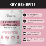 JUST INGREDIENTS polvo frambuesa limón disuelto, sabor refrescante para entrenar.