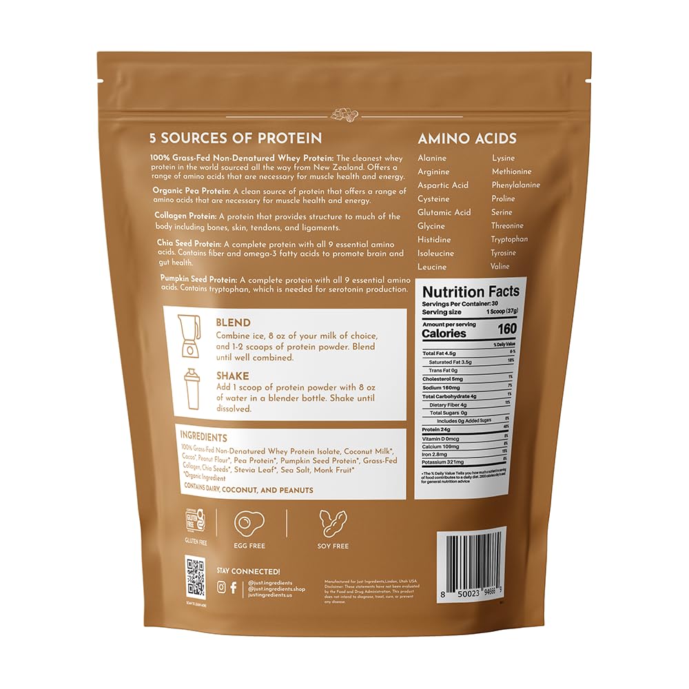 JUST INGREDIENTS envase de 30 porciones con etiqueta clara y paladar indulgente.