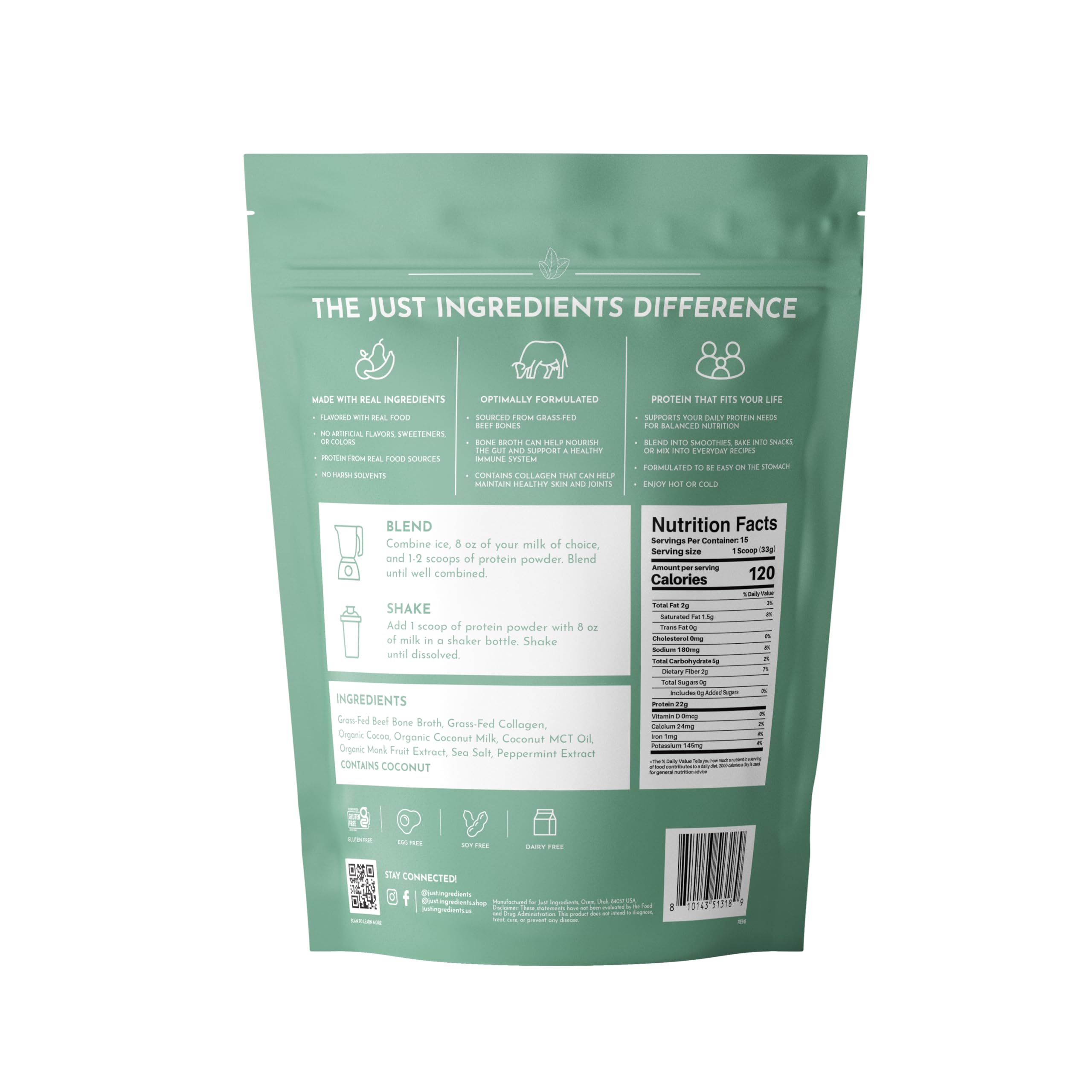 Just Ingredients envase proteina caldo de hueso, porción medida para recuperación diaria