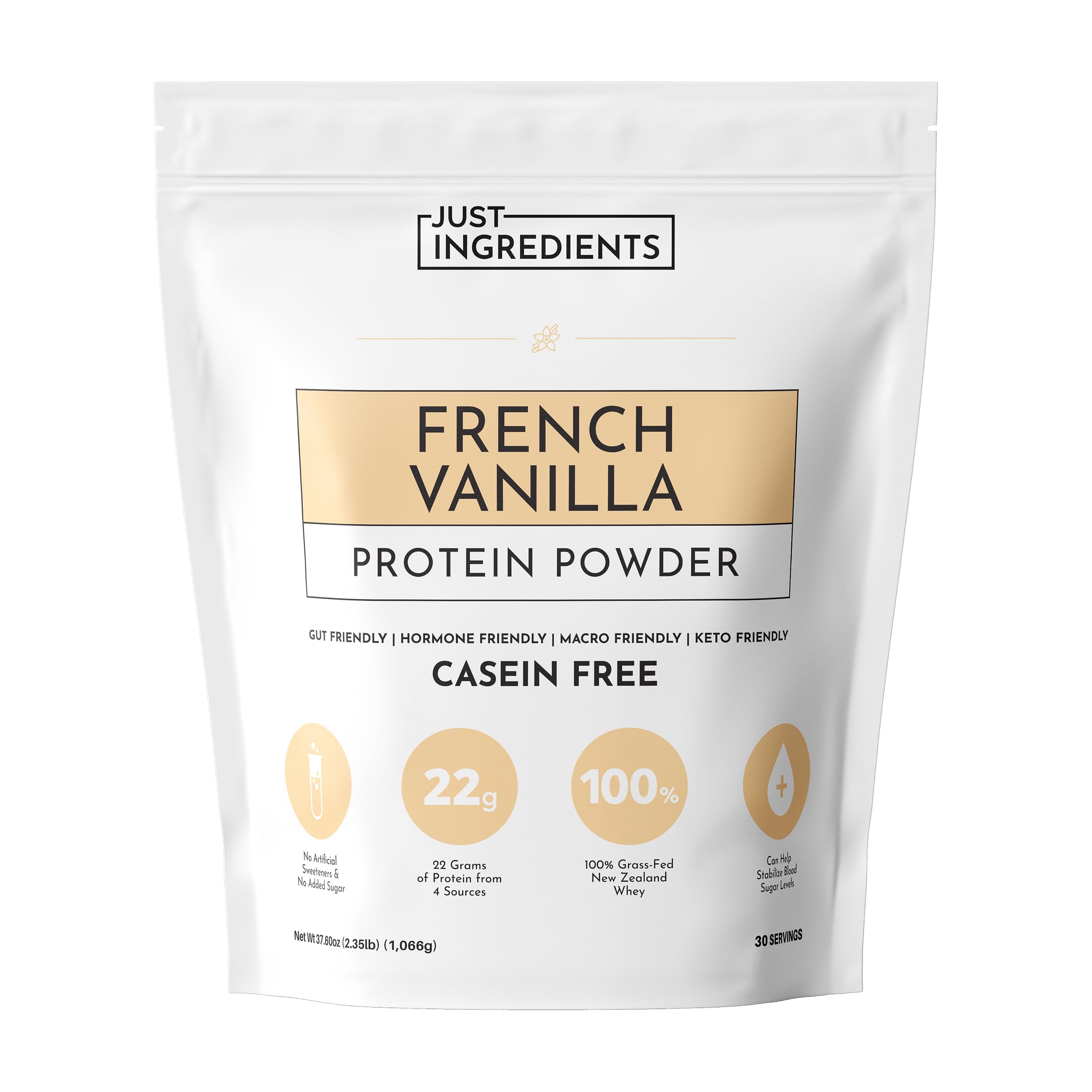 Just Ingredients proteína vainilla francesa en bolsa para batidos cremosos.