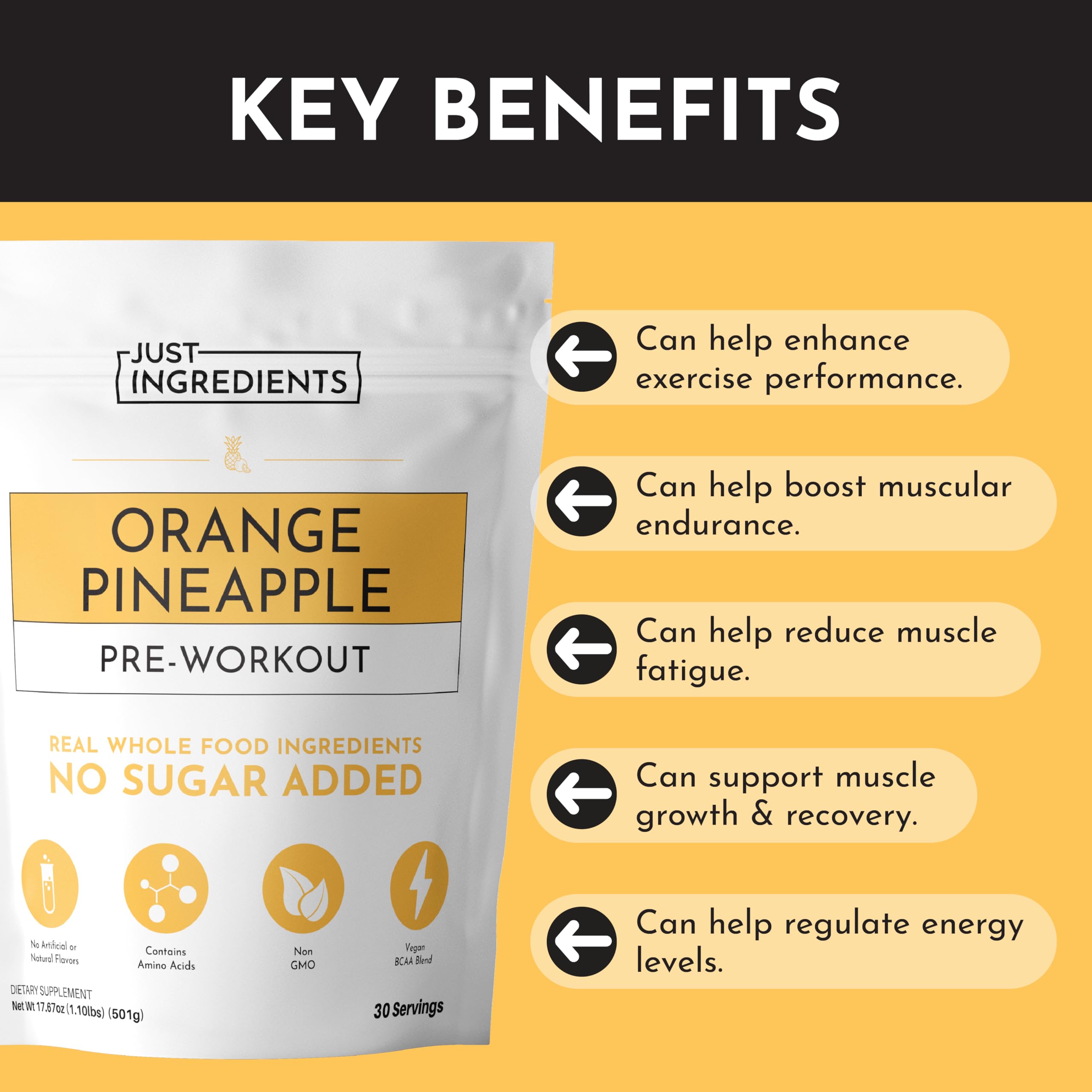 JUST INGREDIENTS Pre-Entrenamiento: mezcla BCA para recuperación muscular.
