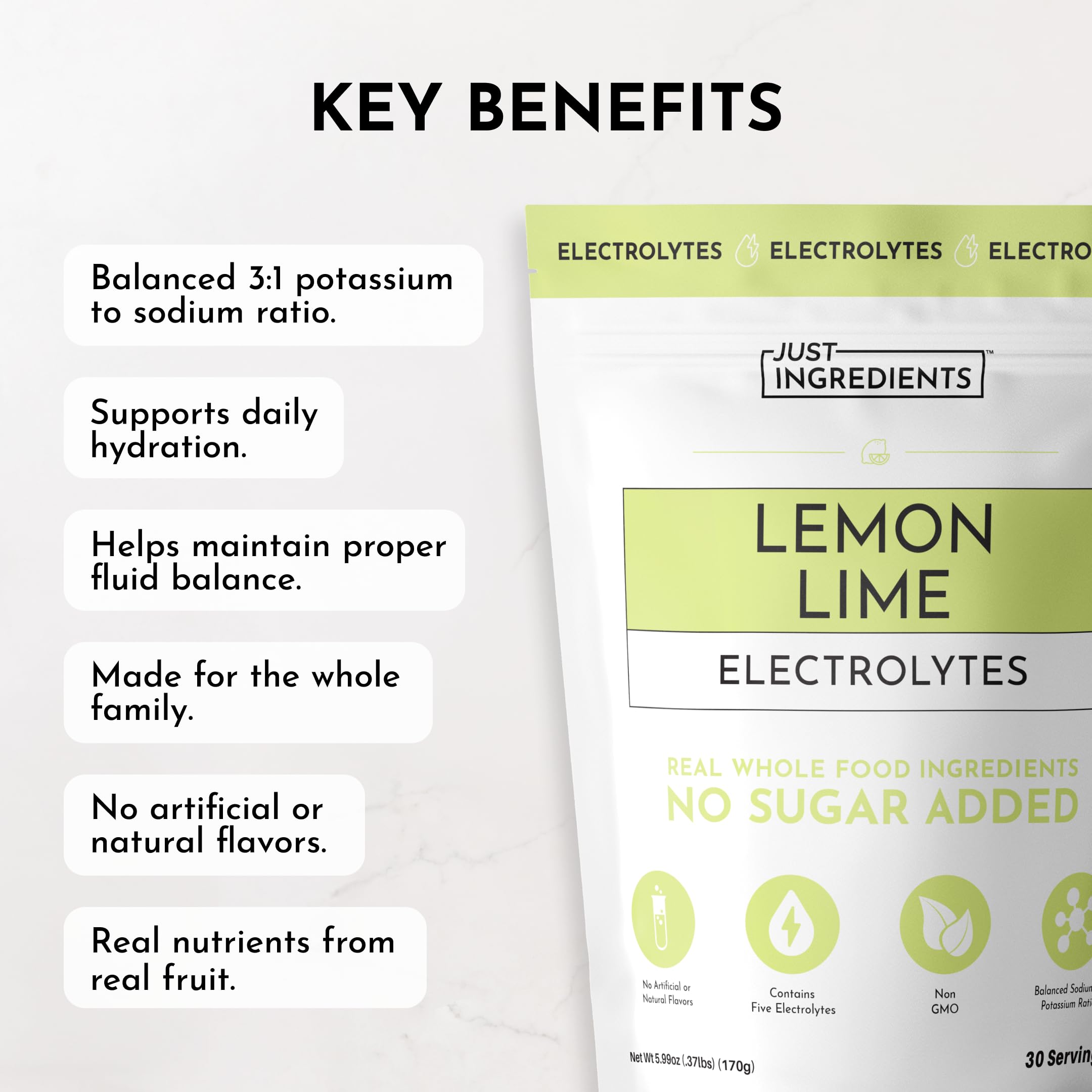 JUST INGREDIENTS Lemon Lime Electrolytes mezcla para hidratación fácil de disolver