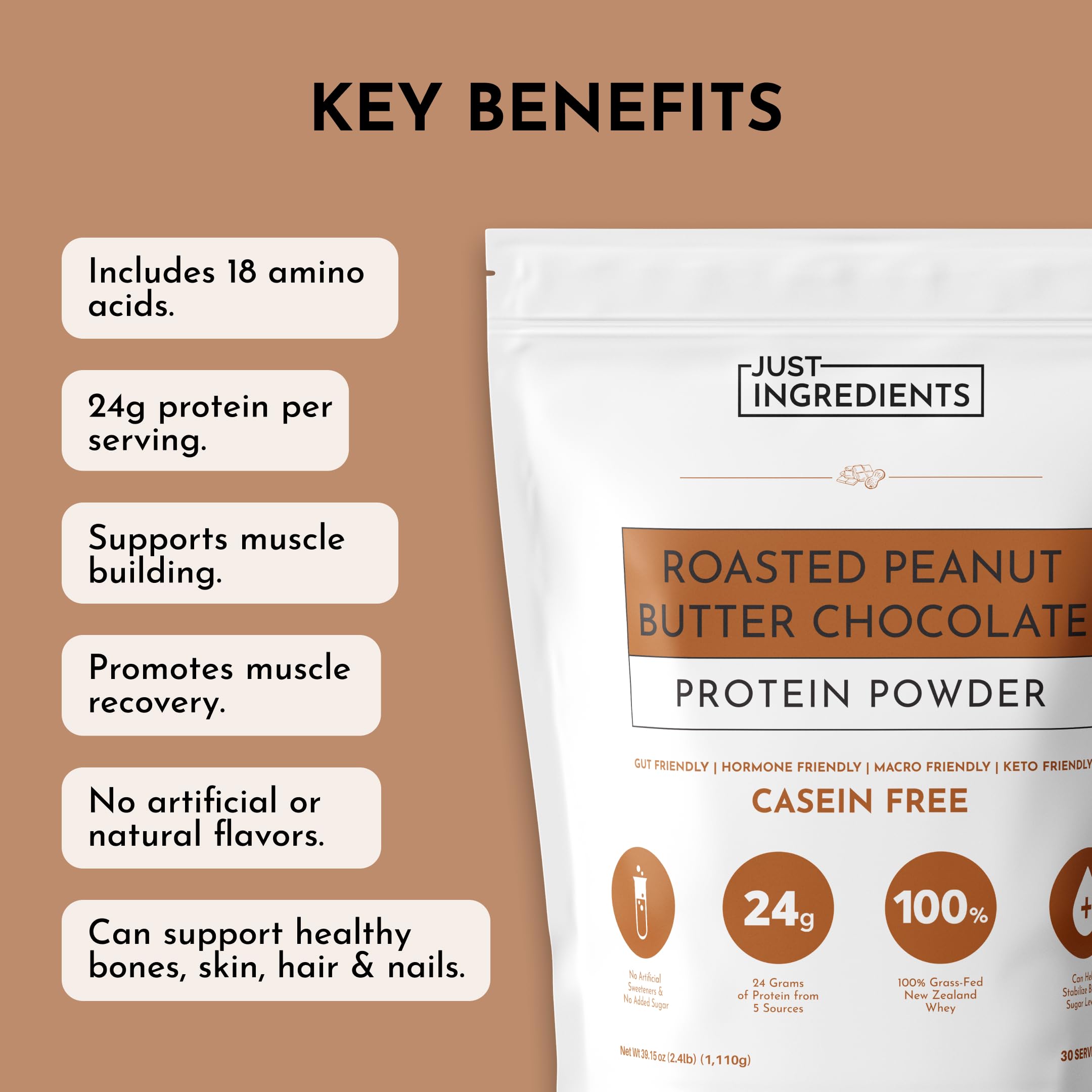 JUST INGREDIENTS mezcla proteica con proteínas vegetales y suero de leche alimentado con pasto.