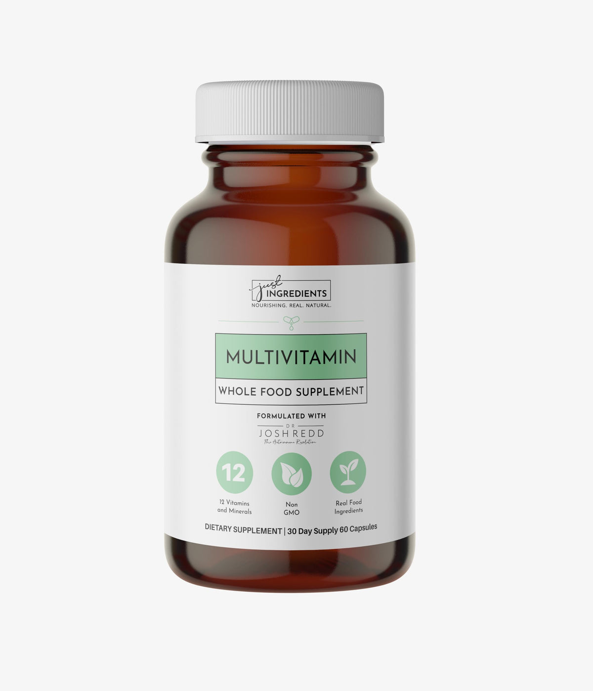 JUST INGREDIENTS cápsulas multivitamínicas en botella para uso diario.