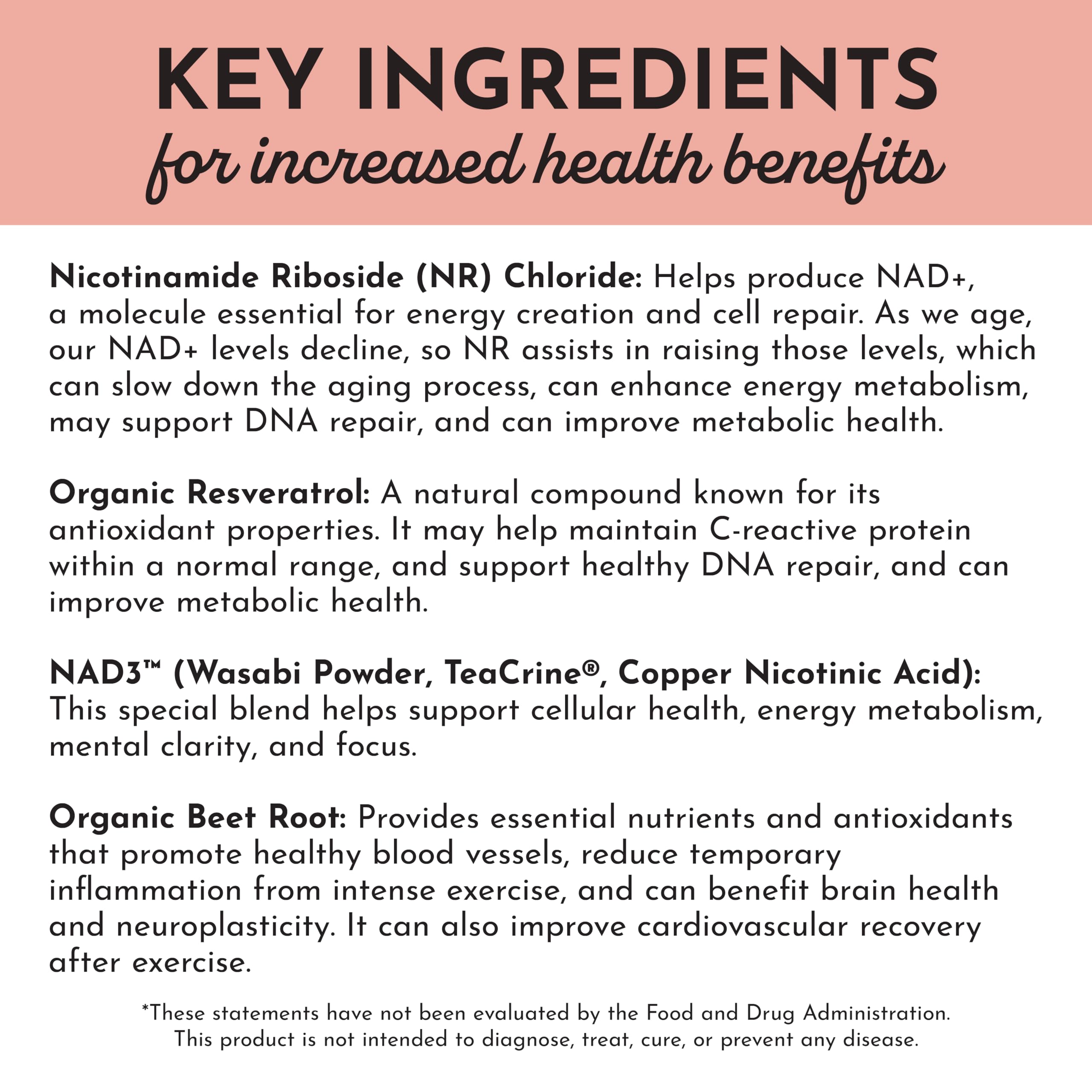 JUST INGREDIENTS NAD+ caja-producto, presentación lista para compra diaria.
