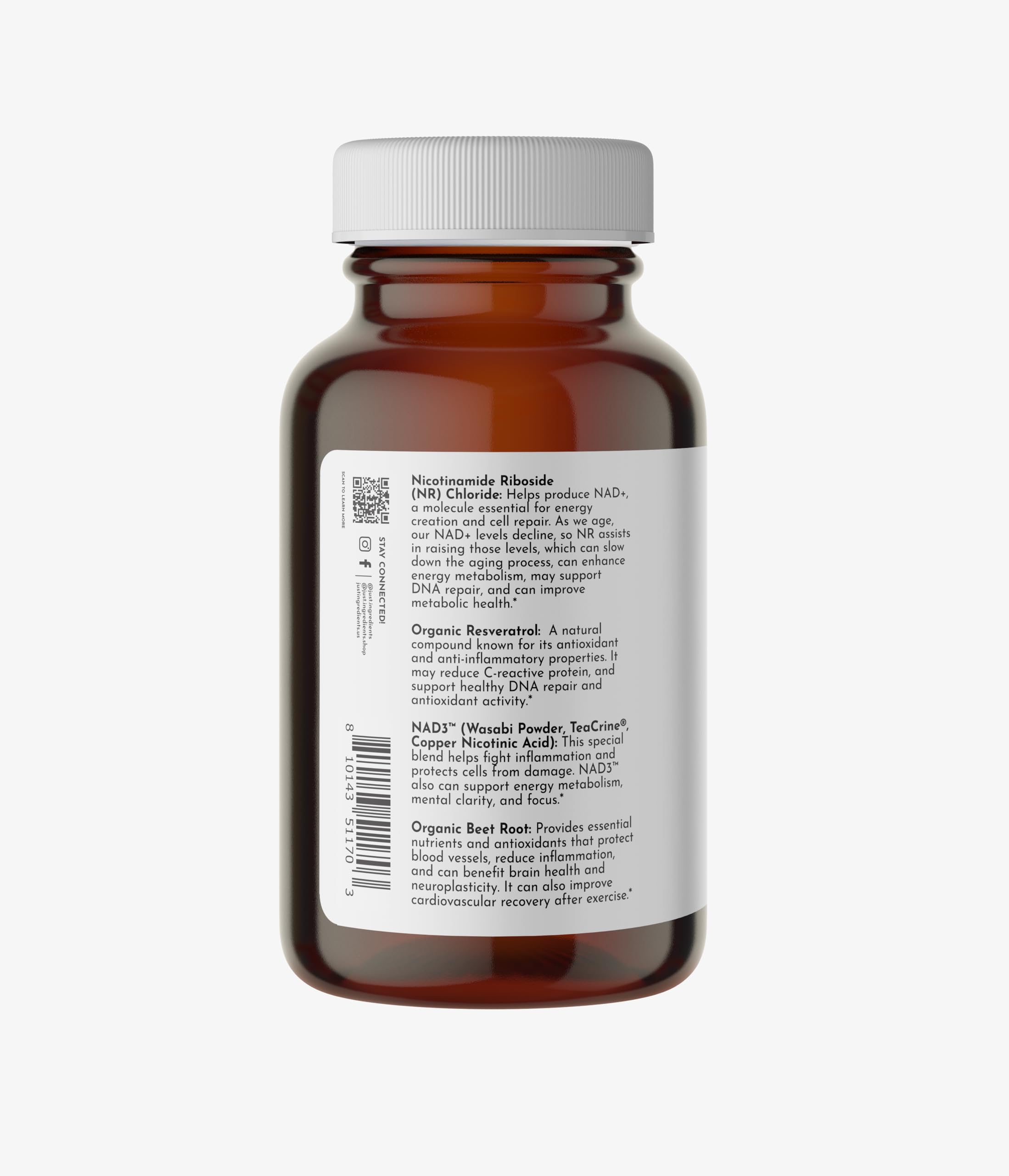 JUST INGREDIENTS NAD+ etiqueta, NR y resveratrol como antioxidantes posibles.
