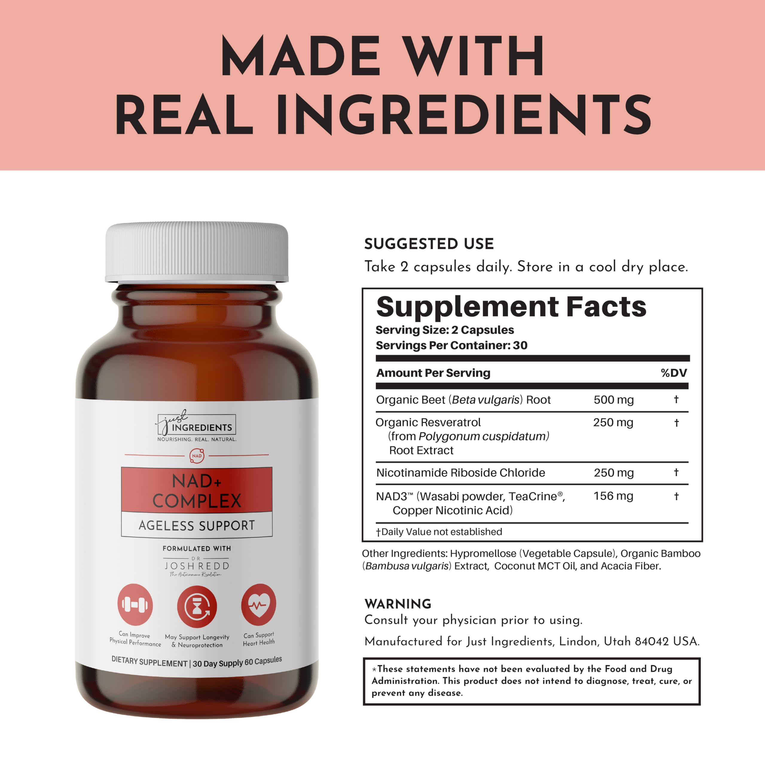 JUST INGREDIENTS NAD+ ingrediente-resveratrol-organico, antioxidante natural.
