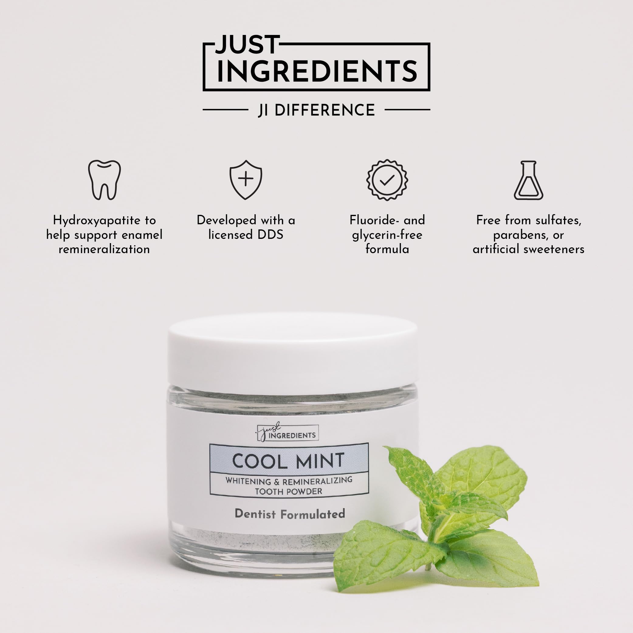 Just Ingredients Polvo dental remineralizante, fórmula vegana libre de fluoruro para cepillado diario.