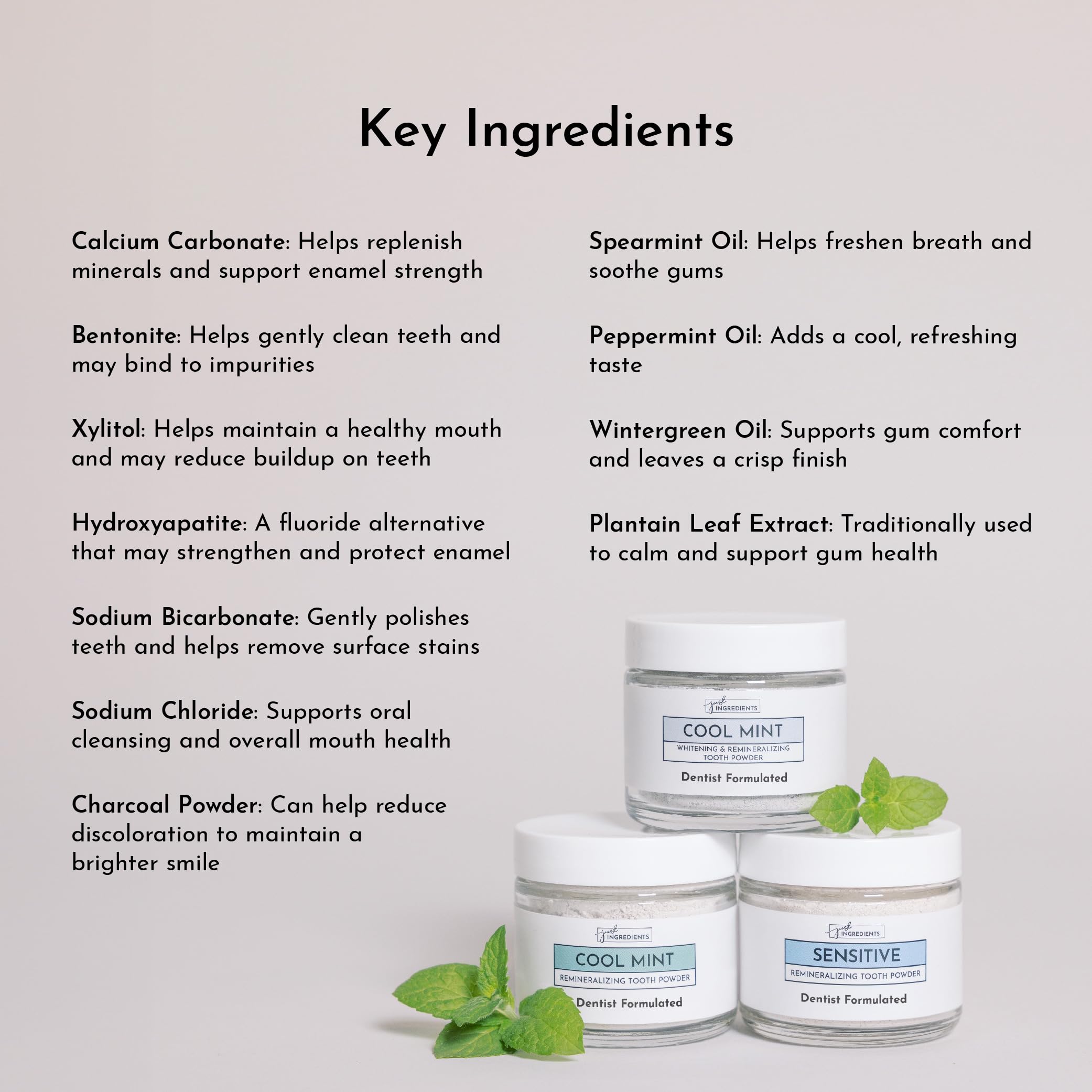 Just Ingredients Polvo dental remineralizante, ayuda a blanquear de forma suave.