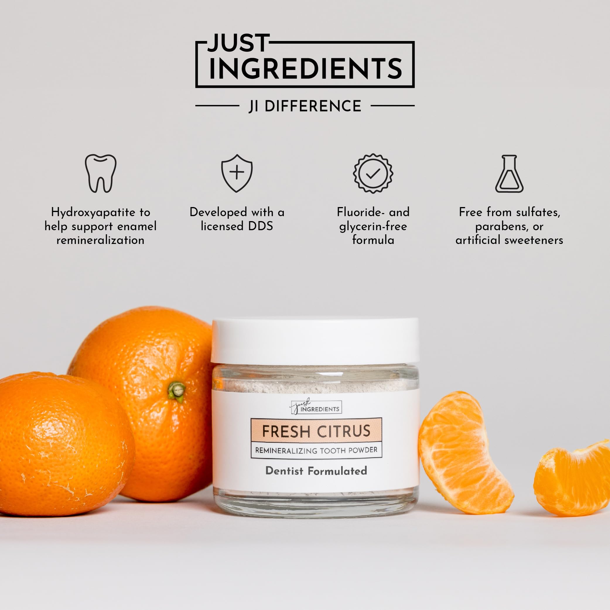 Just Ingredients polvo-dental-sin-fluor para limpieza suave y cuidado diario sin flúor.