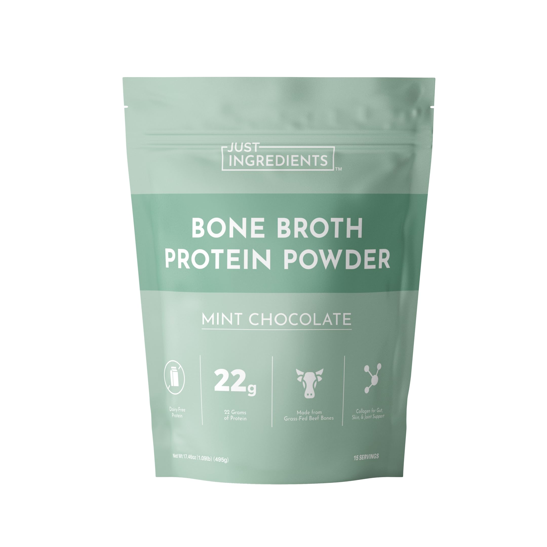 Just Ingredients proteina caldo de hueso, sabor menta chocolate, fuente natural de proteína para batidos
