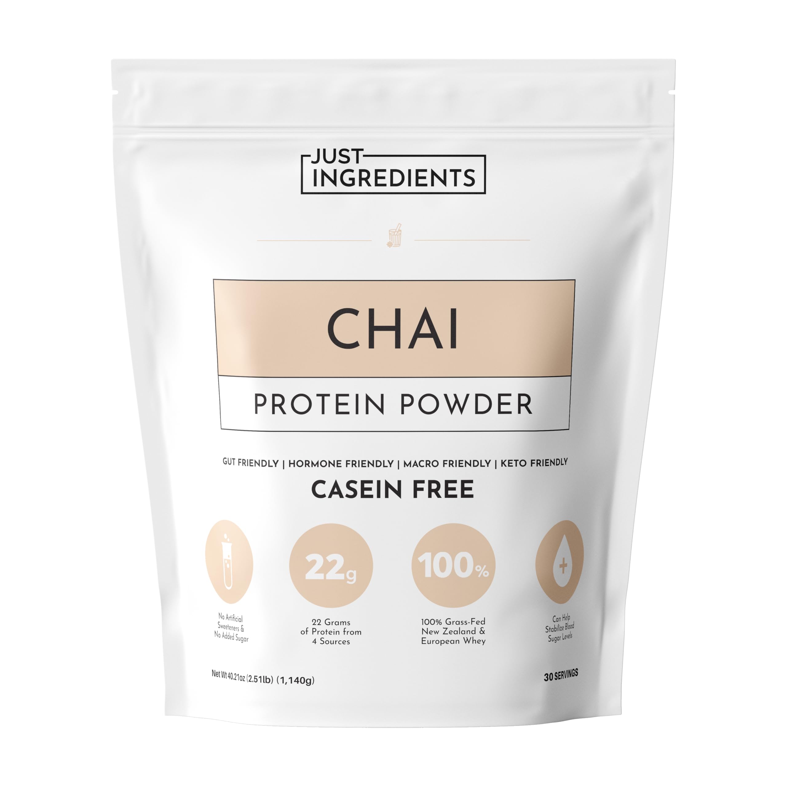 Just Ingredients Proteína Cha: envase frontal, sabor chai cálido para batidos