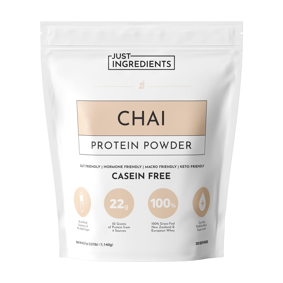Just Ingredients Proteína Cha: envase frontal, sabor chai cálido para batidos