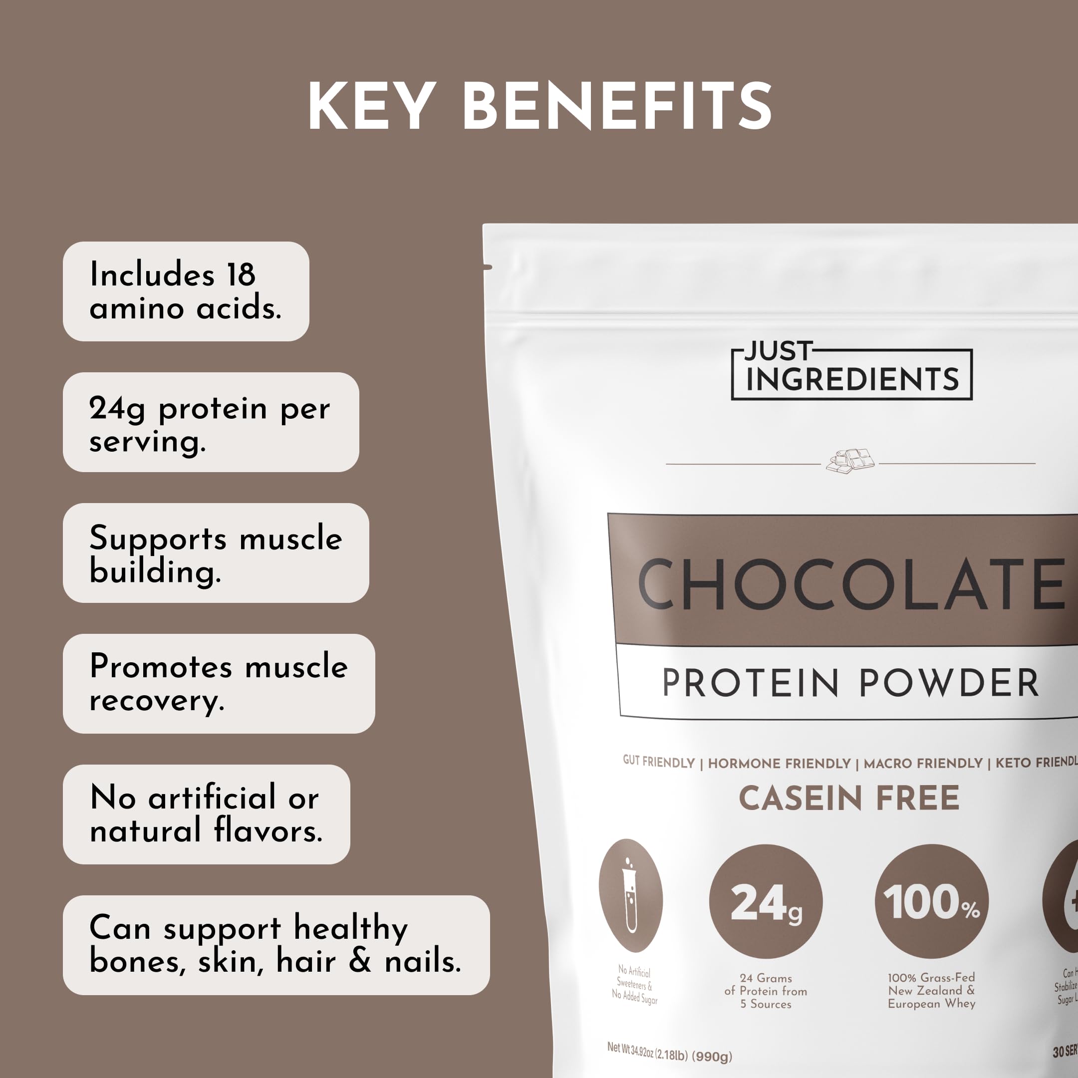 Just Ingredients Proteína chocolate etiqueta transparente revela ingredientes.