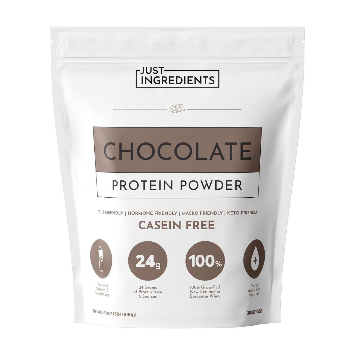 Just Ingredients Proteína chocolate en lata de 30 porciones, lista para mezclar.