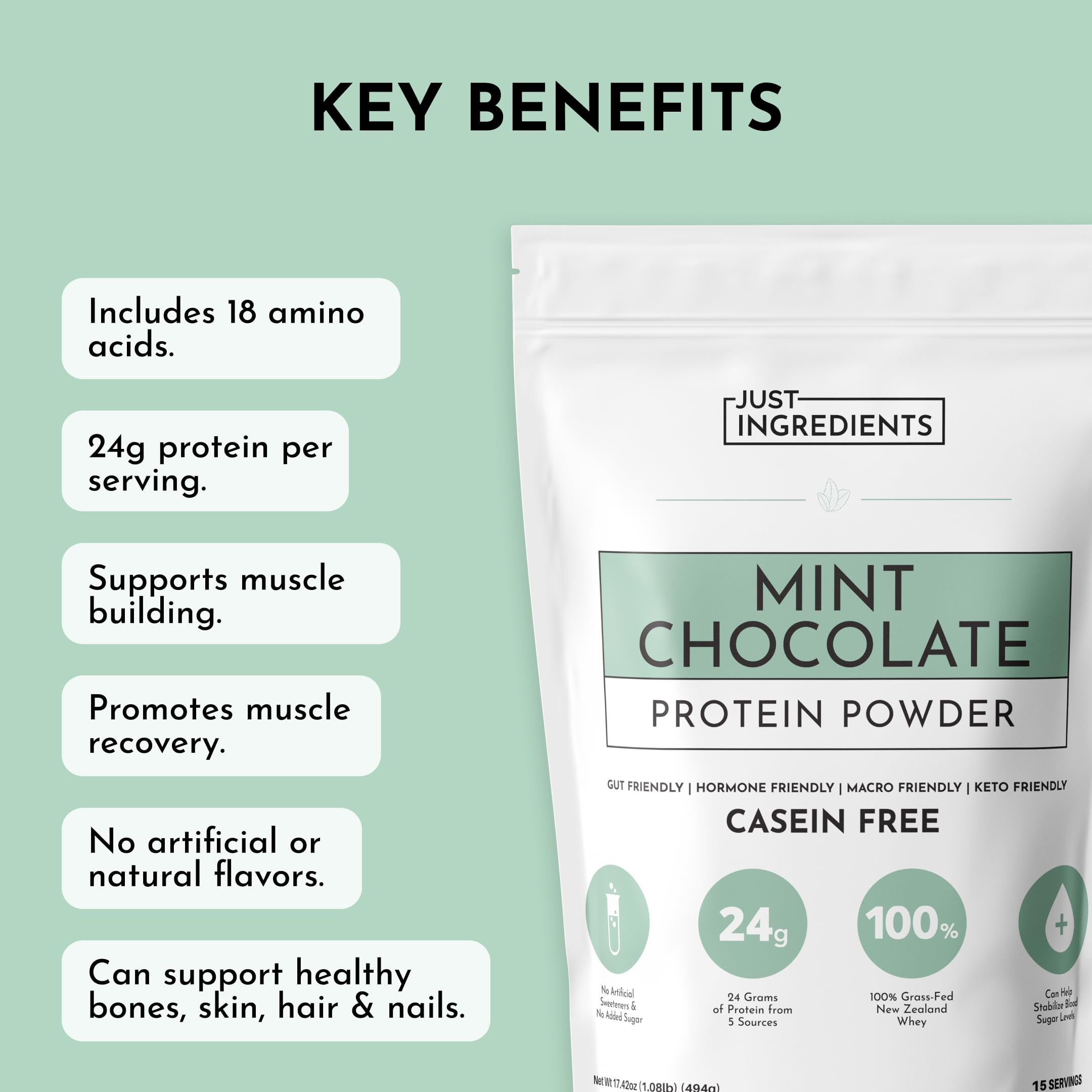 Cucharada de Just Ingredients Proteína Menta-Chocolate para mezclar fácilmente