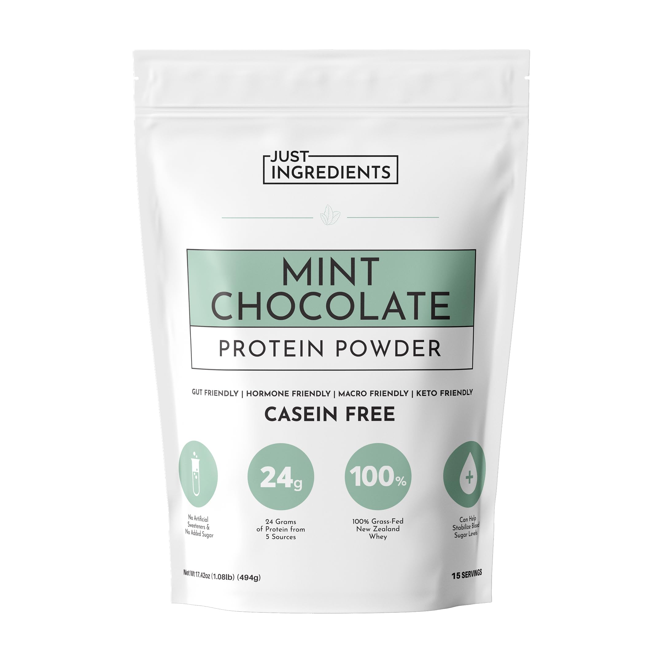 Just Ingredients Proteína Menta-Chocolate: empaque que muestra el sabor refrescante