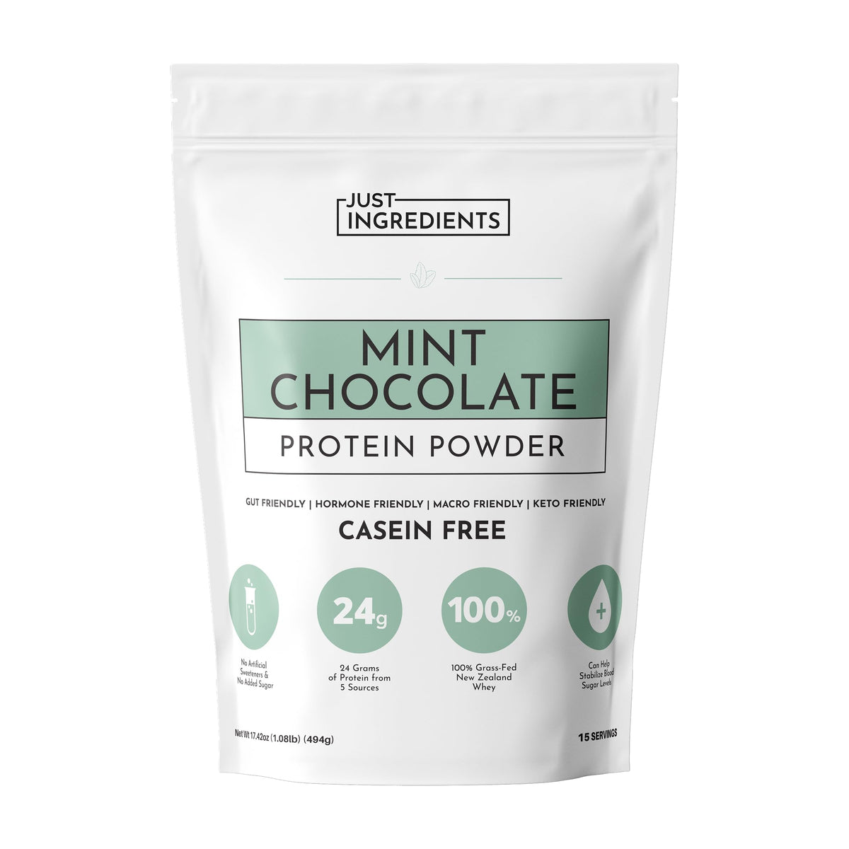 Just Ingredients Proteína Menta-Chocolate: empaque que muestra el sabor refrescante