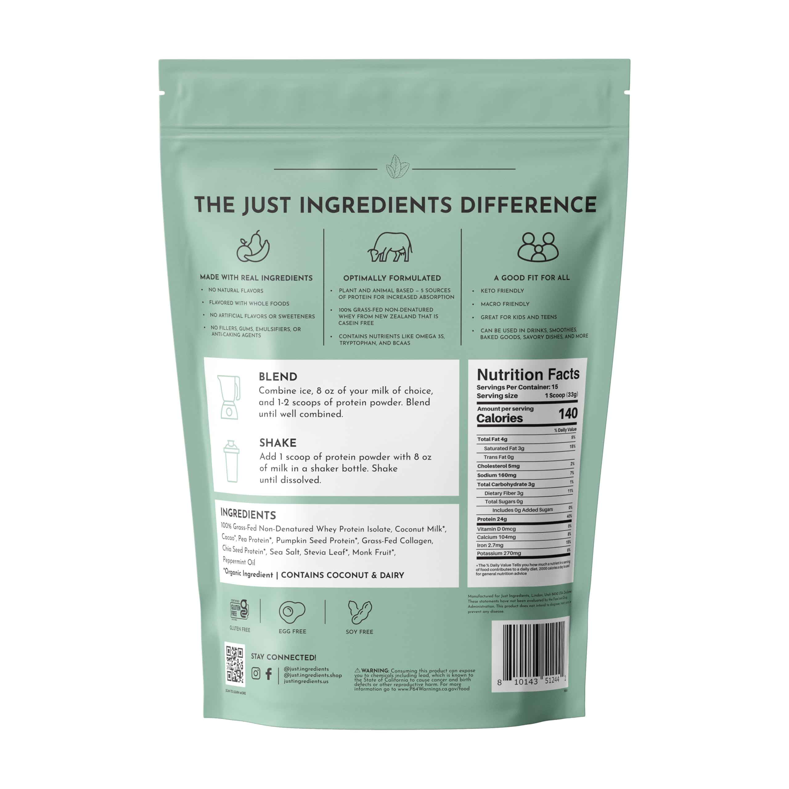 Polvo de Just Ingredients Proteína Menta-Chocolate listo para batidos cremosos