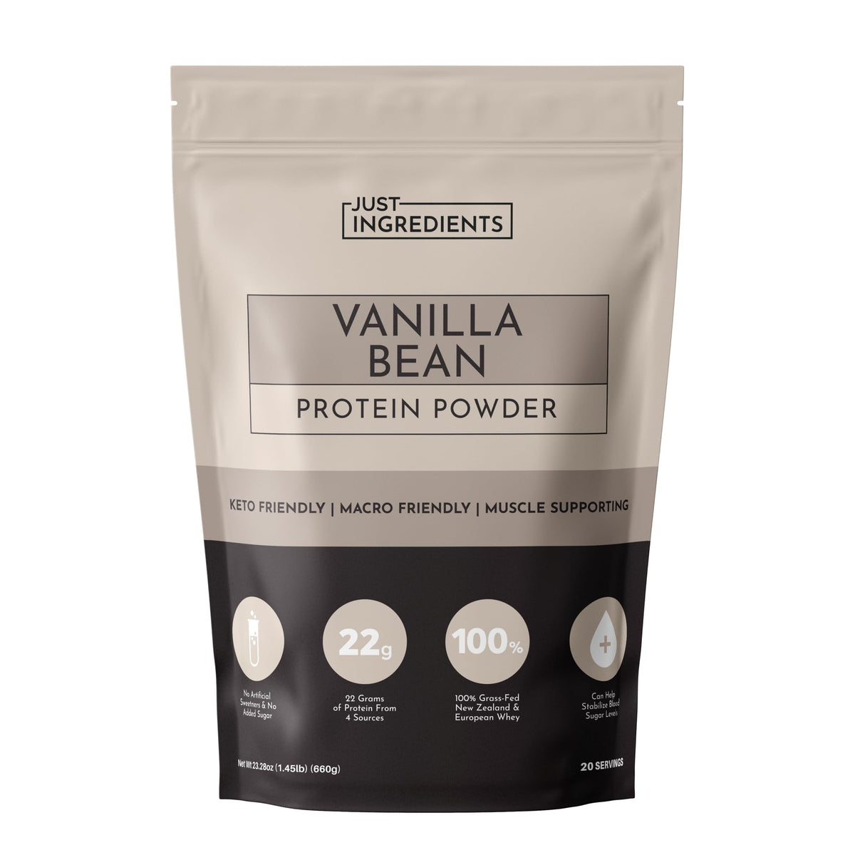 Proteína Just Ingredients de vainilla en envase, sabor natural para recuperación muscular.