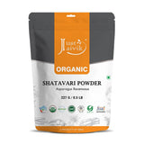Just Jaivik Shatavari polvo, empaque frontal, ideal para vitalidad diaria.