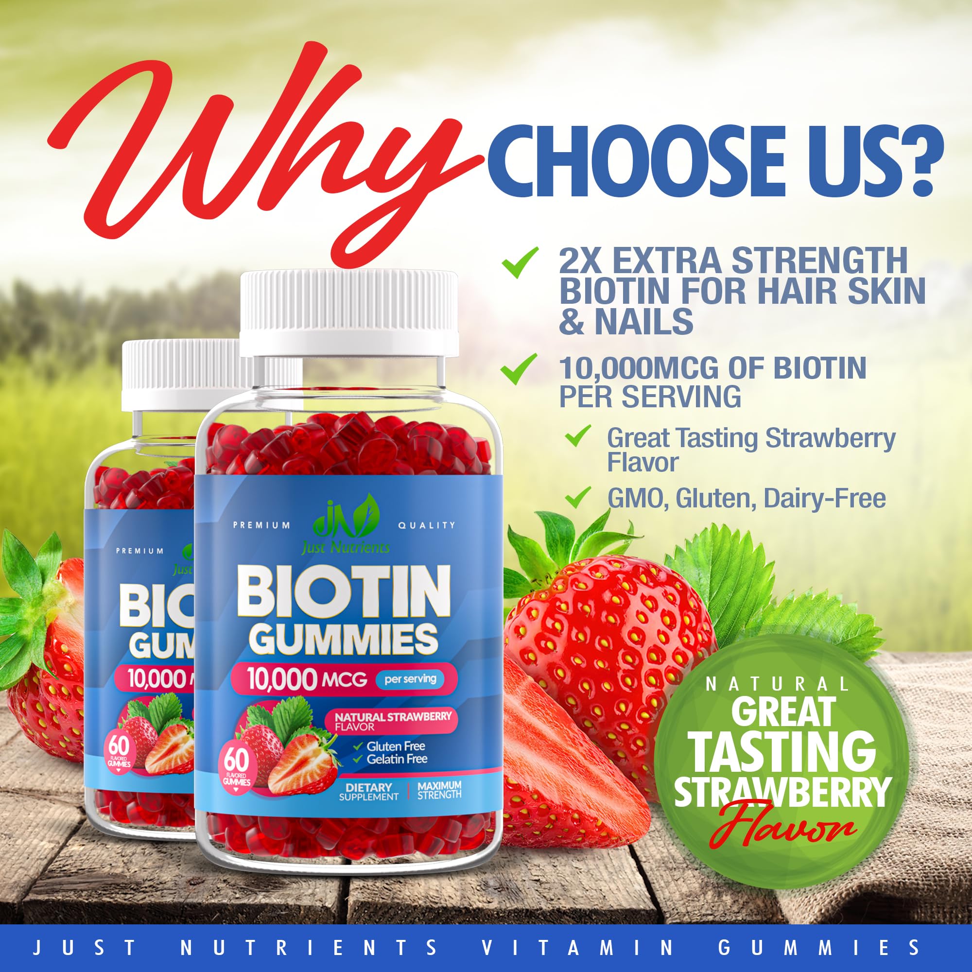 Just Nutrients Biotina 10000mcg gominolas, piel radial y uñas sanas