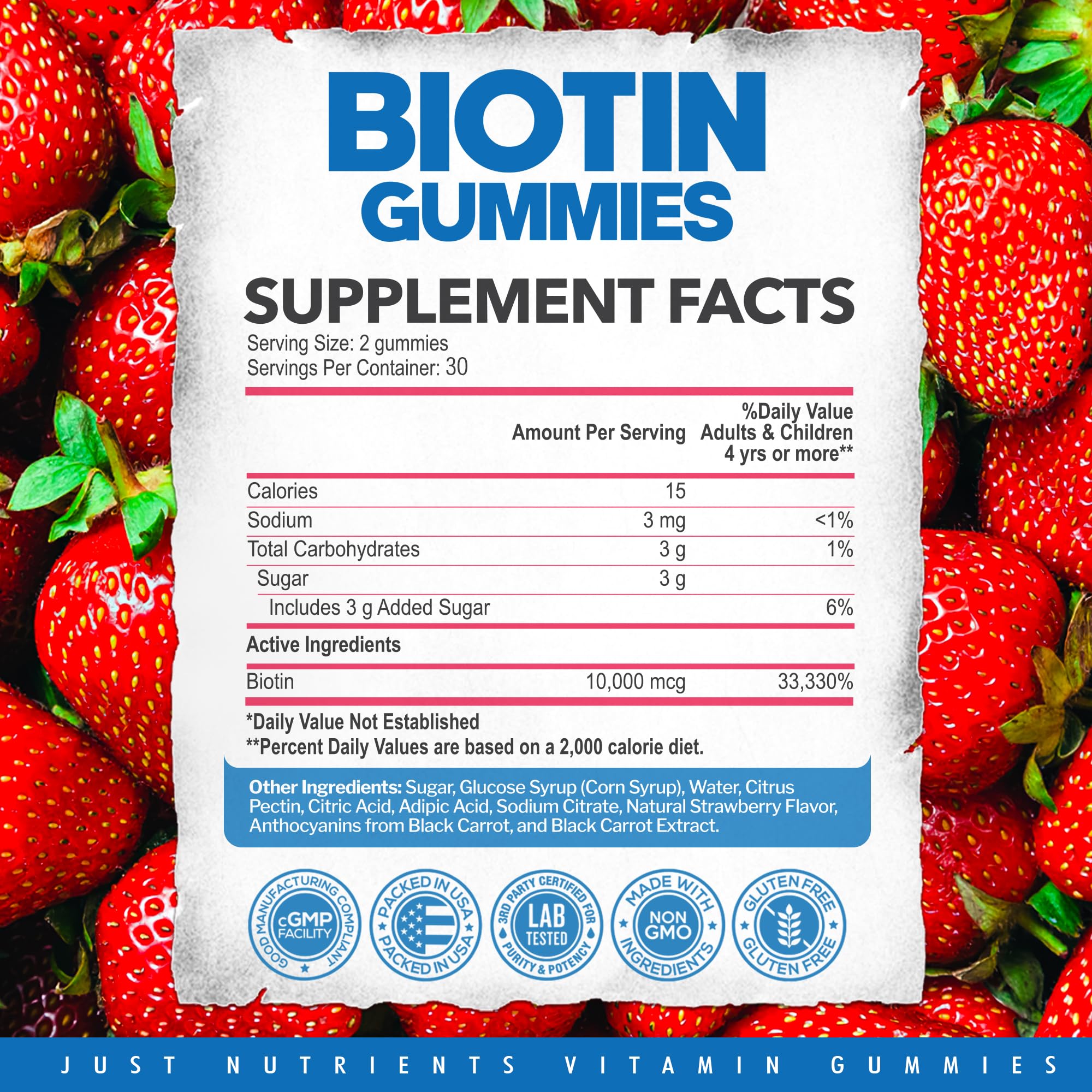 Just Nutrients Biotina 10000mcg gominolas, ideal para uso diario