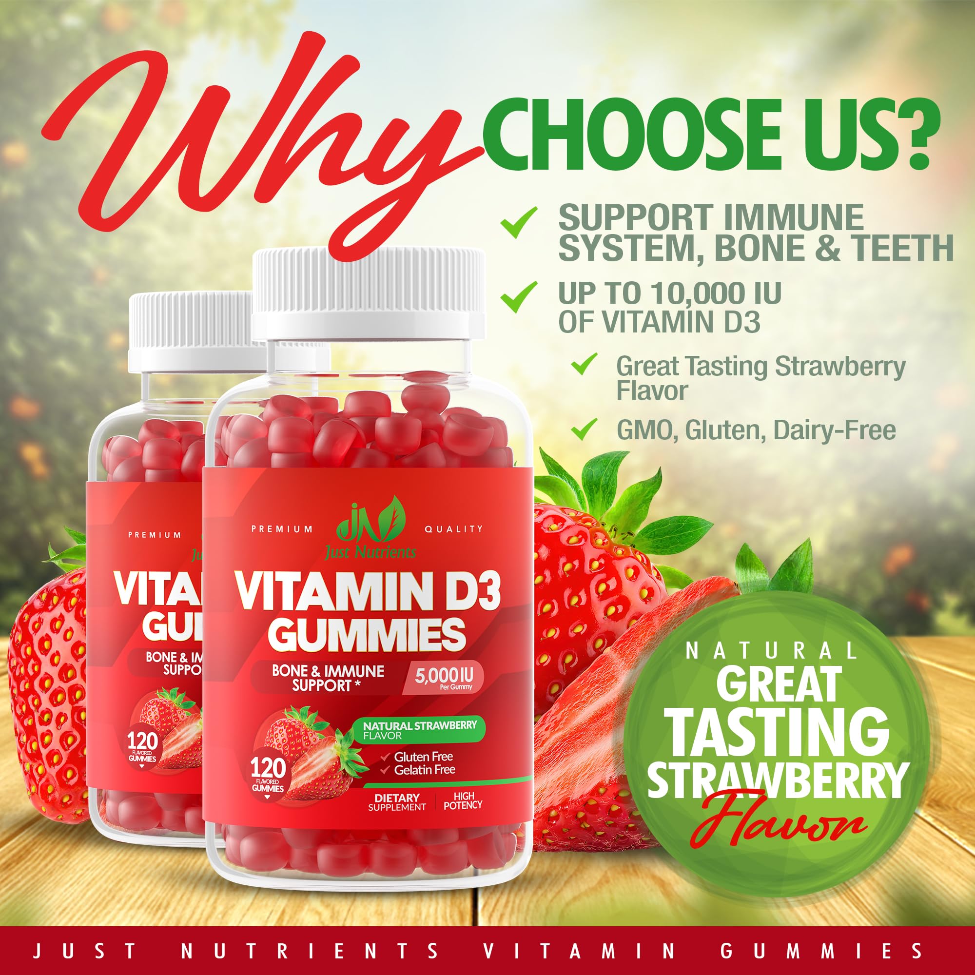 Just Nutrients D3 gomitas 10000IU porciones dobles, enfoque en dosis alta para huesos.