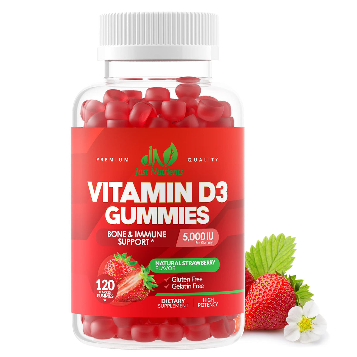 Just Nutrients D3 5000IU gomitas en botella, apoyo al sistema inmune.