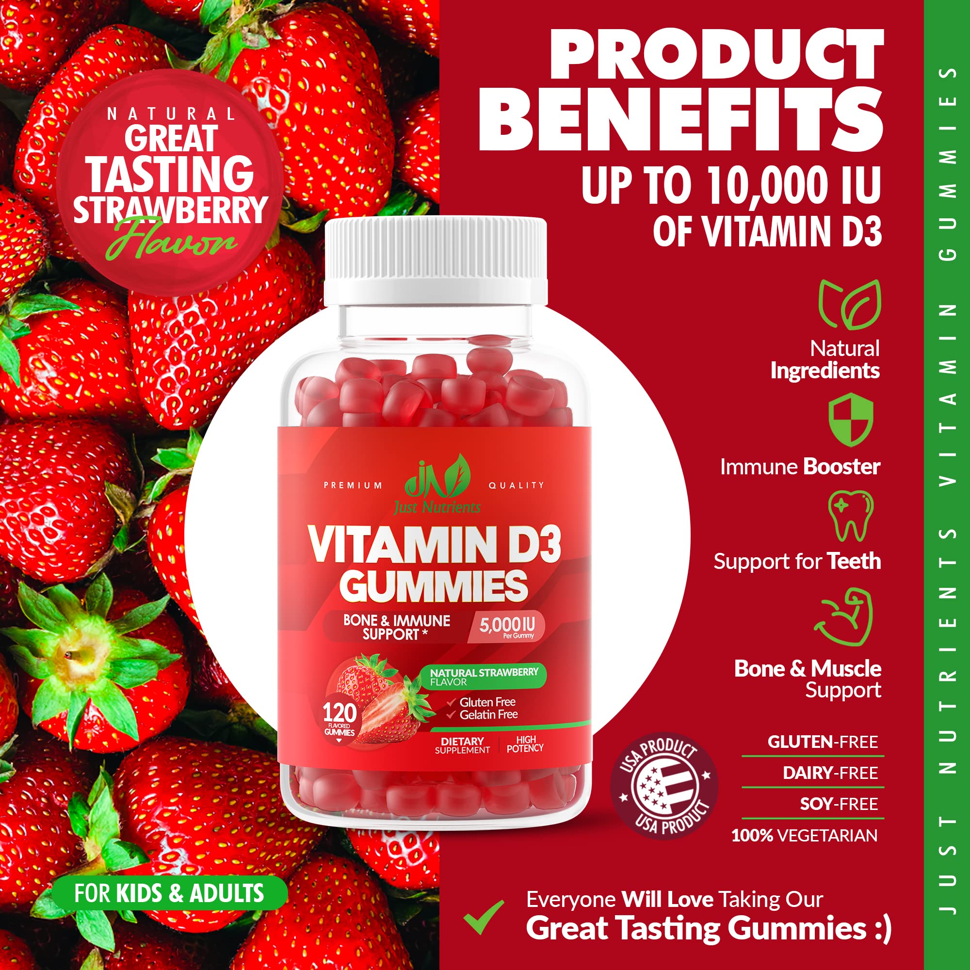 Gomitas Just Nutrients D3 sabor fresa, sabor agradable para consumo diario.