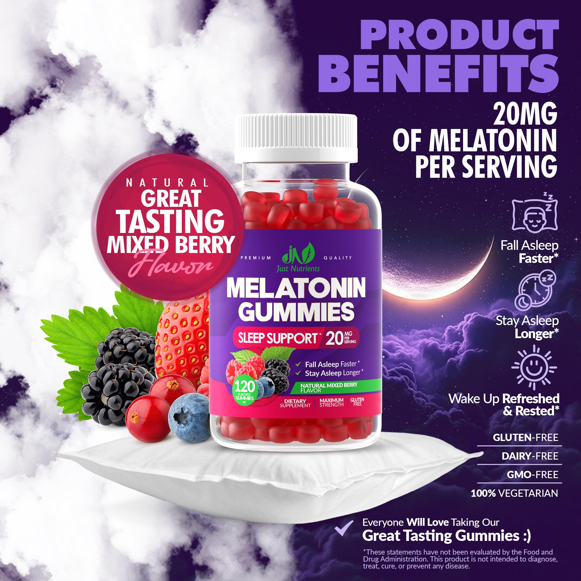 Just Nutrients Melatonina gominolas etiqueta sin gluten para usuarios sensibles