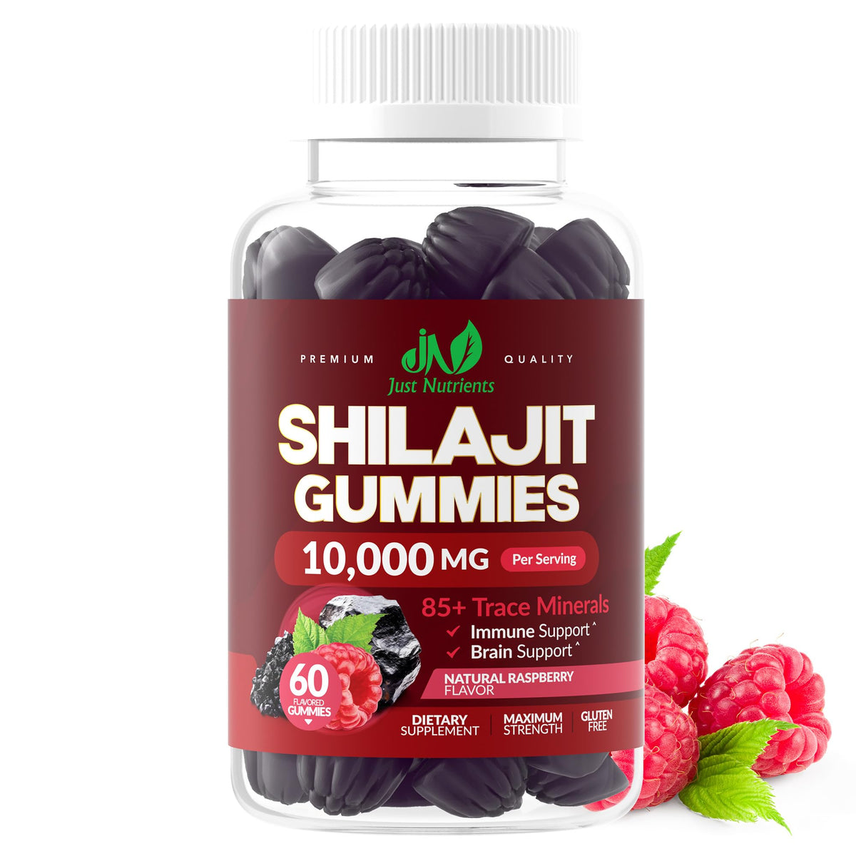 Just Nutrients Shilajit Gummies porción de 10,000 mg para mayor vitalidad diaria.