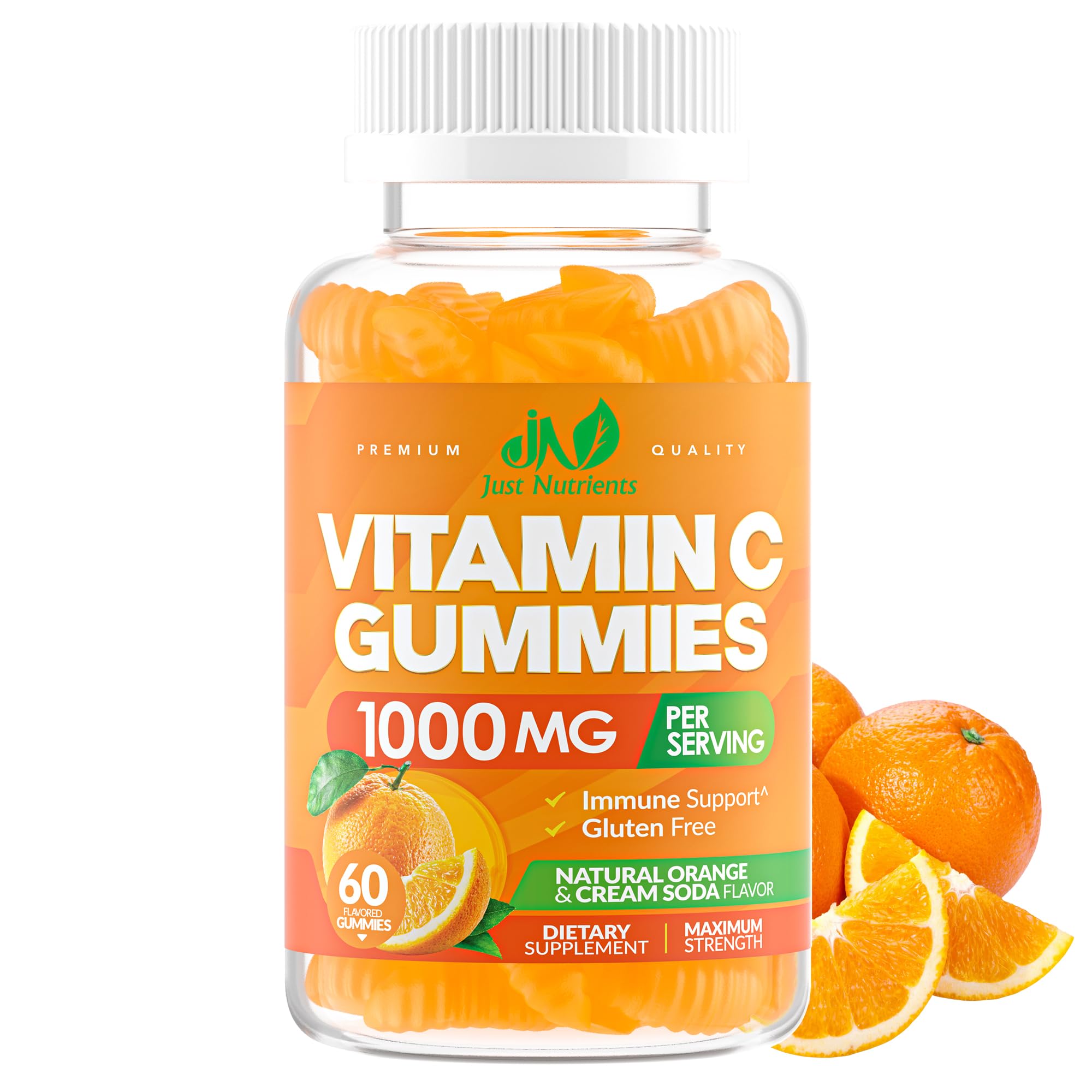 Just Nutrients Vitamina C 1000 mg gomitas de naranja para apoyo diario del sistema inmune.