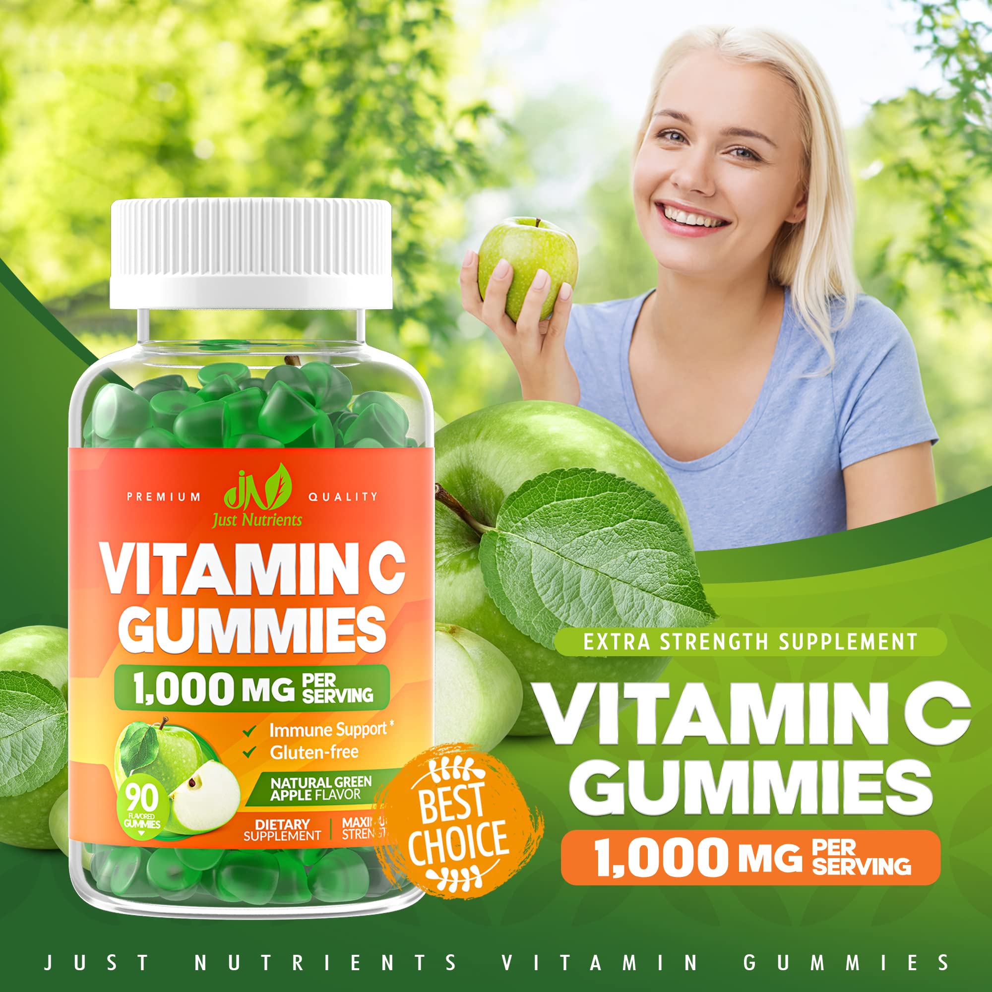 Just Nutrients Vitamina C 1000 mg gomitas etiqueta clara para seguimiento.