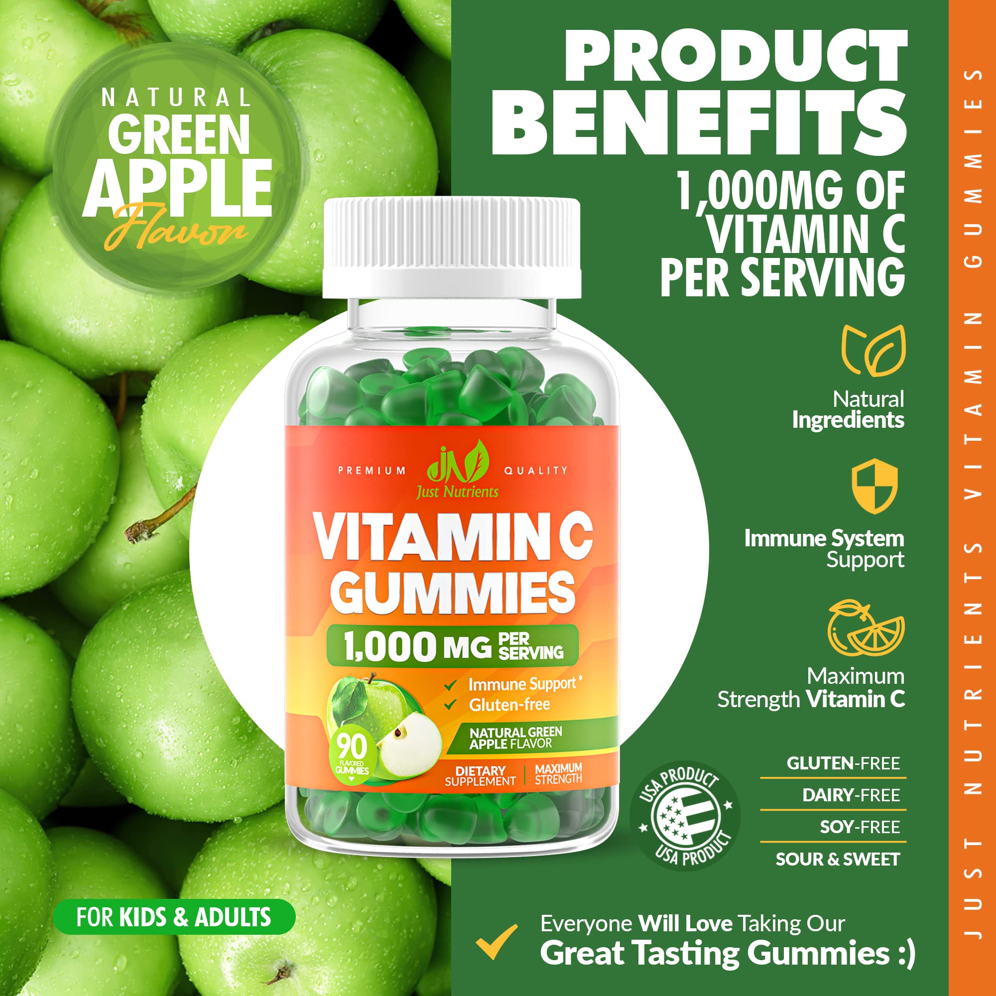 Just Nutrients Vitamina C 1000 mg gomitas con textura ácida para toma diaria.