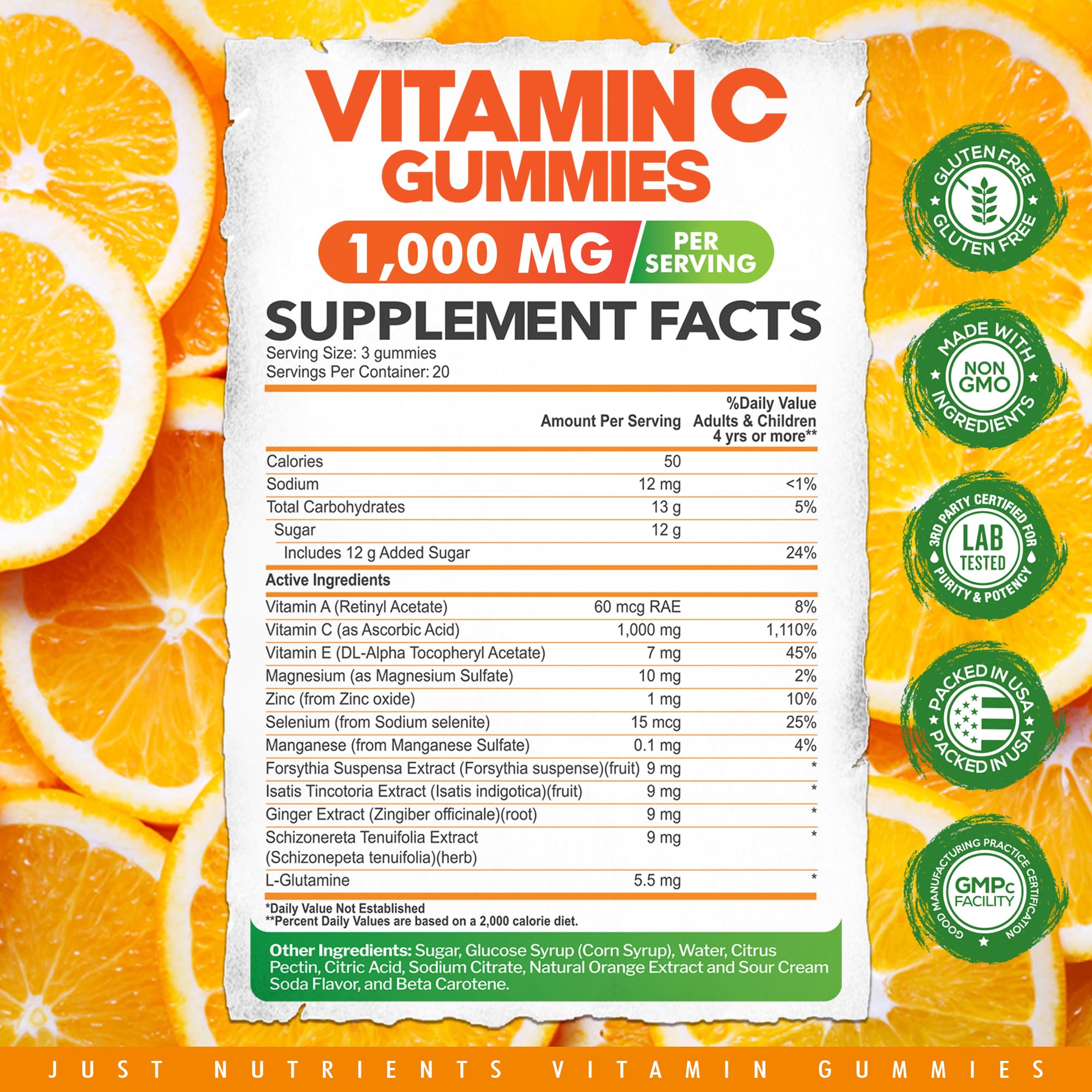 Just Nutrients gomitas con zinc para defensa inmune y bienestar general.