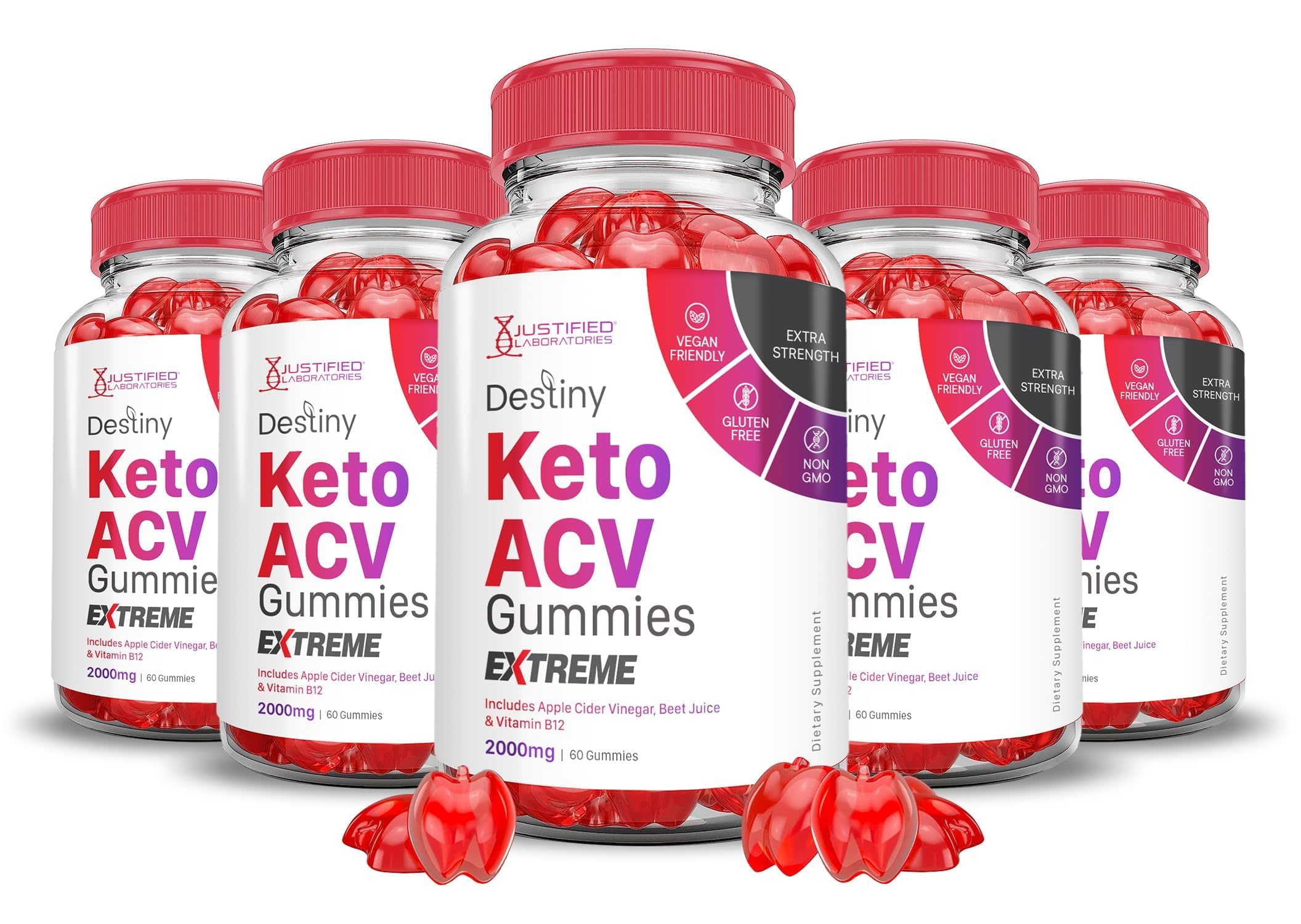 Justified Laboratories Destiny Keto ACV Gummies, botella frontal, sabor agradable para tu rutina diaria